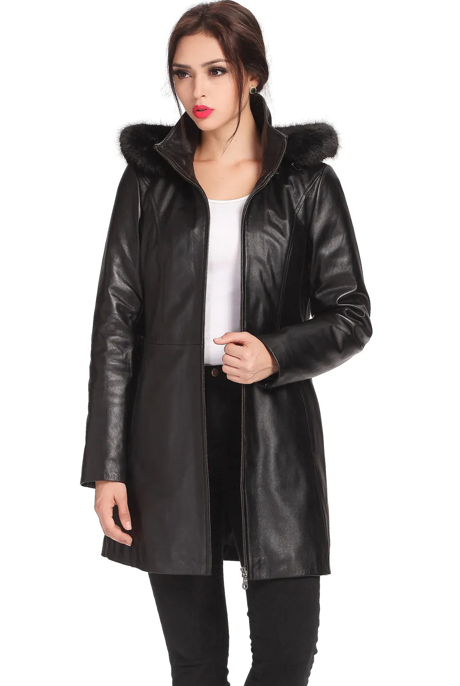 BGSD Women Irene Hooded Lambskin Leather Coat