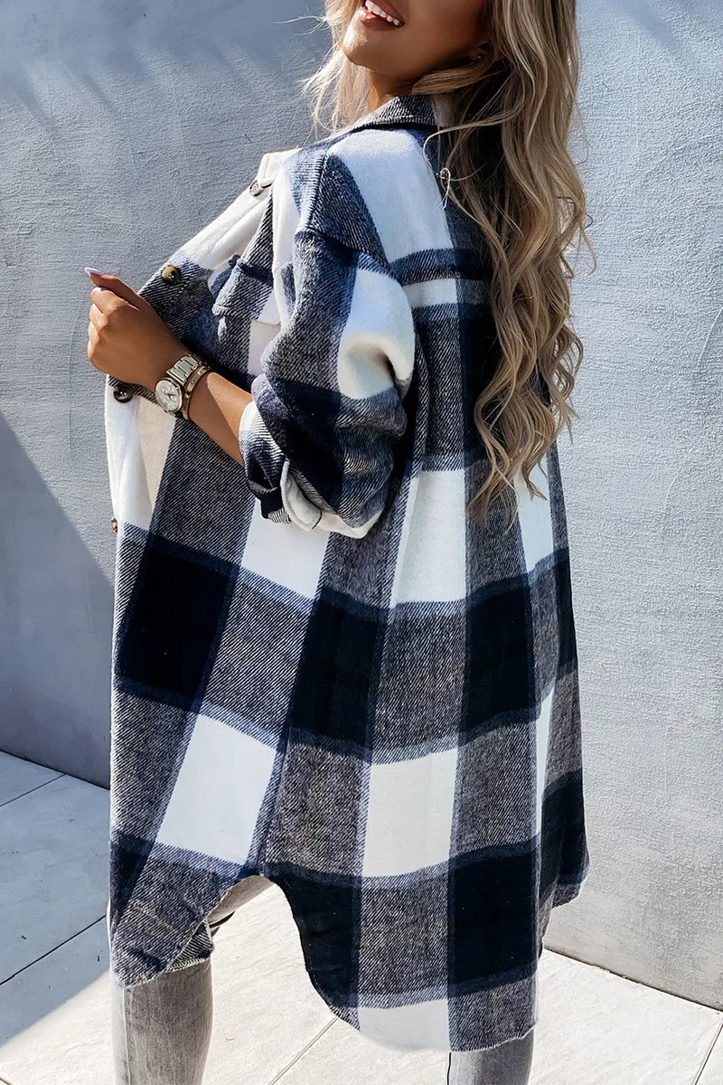 Casual Plaid Patchwork Buckle Turndown Collar Outerwear(3 Colors)