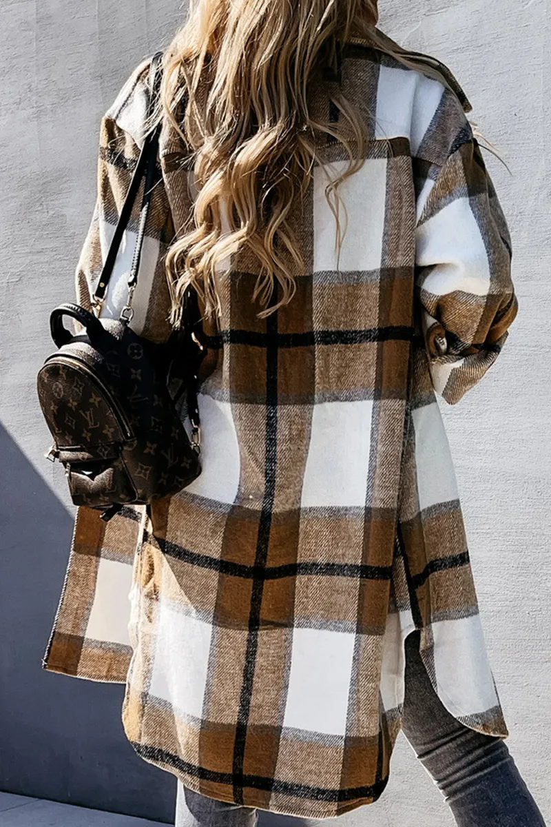 Casual Plaid Patchwork Buckle Turndown Collar Outerwear(3 Colors)