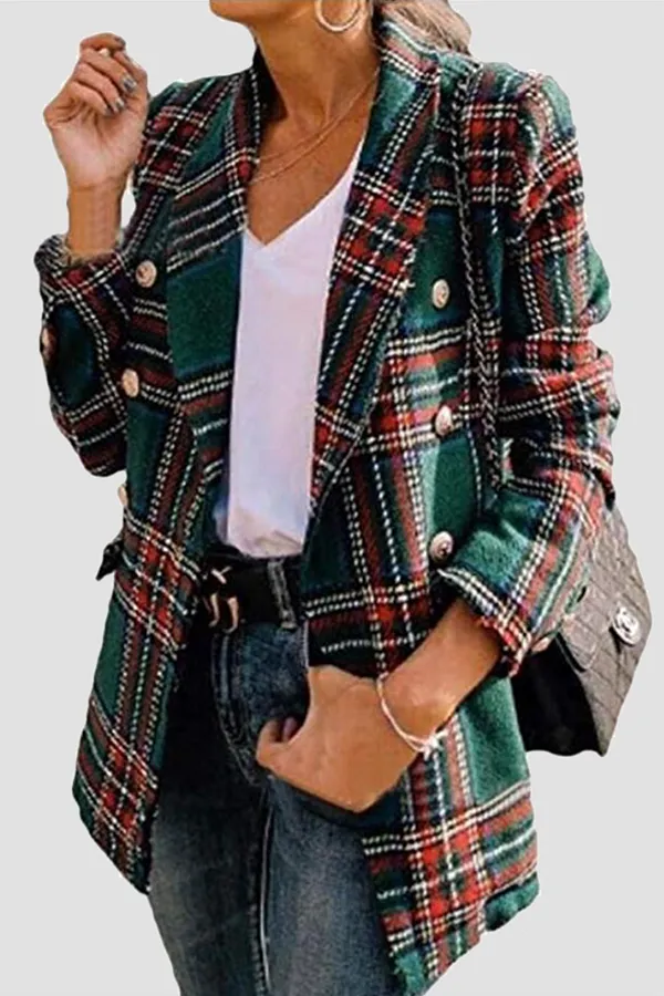 Casual Plaid Patchwork Buckle Turndown Collar Outerwear(4 Colors)