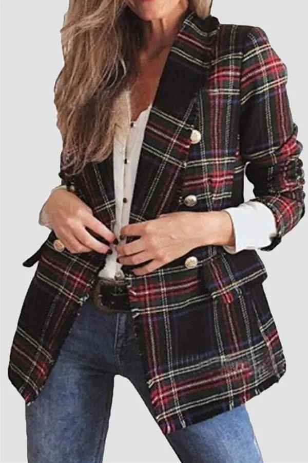 Casual Plaid Patchwork Buckle Turndown Collar Outerwear(4 Colors)