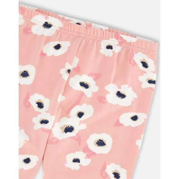 Deux par Deux Flowers Print Leggings, Pink & Off-White