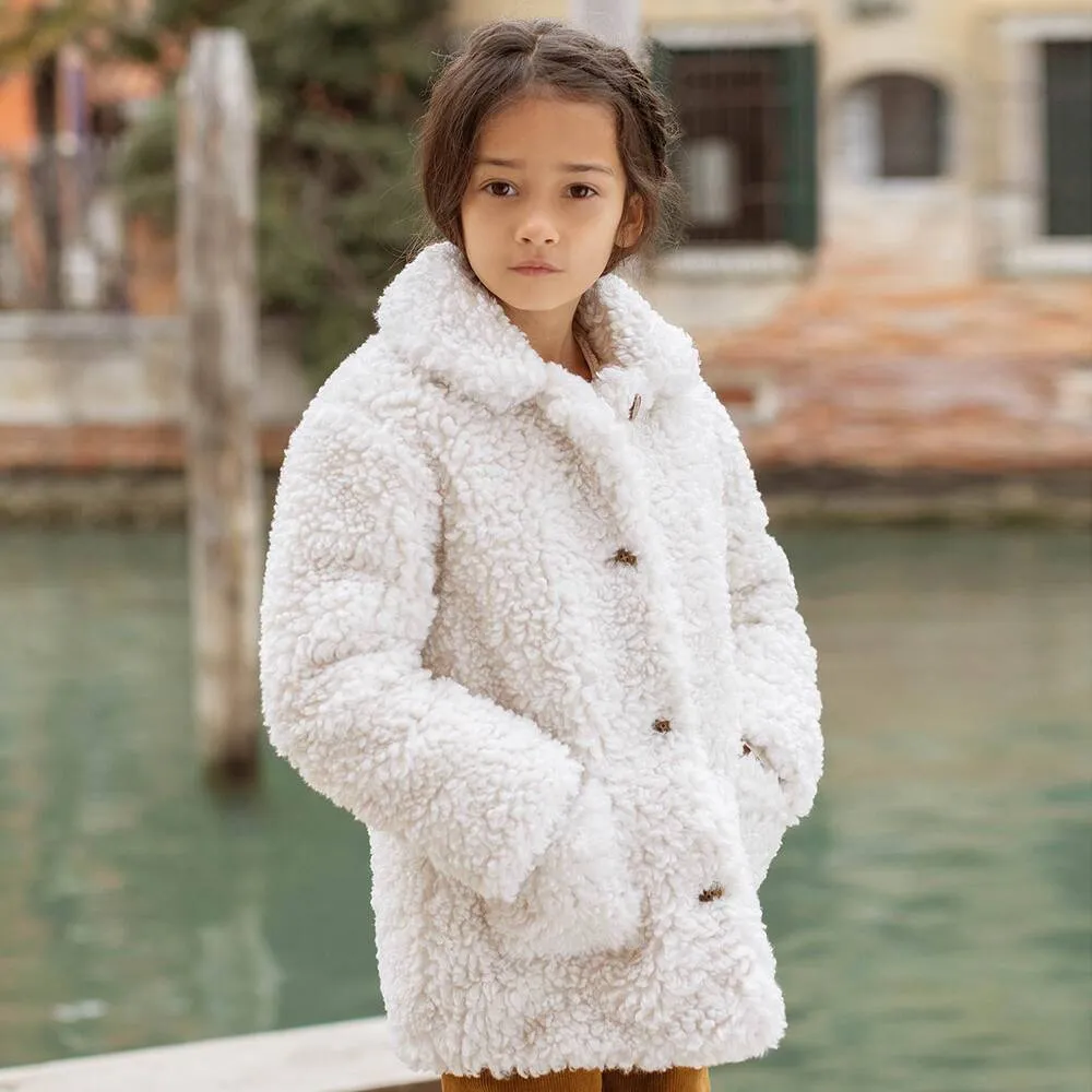 Girls Ivory Faux Fur Coat