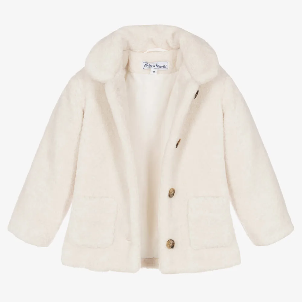 Girls Ivory Faux Fur Coat