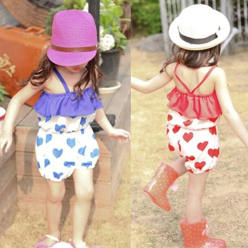 Girls Kid Harem Pants Short Trousers Chiffon Heart Pattern Jumpsuit 2-6Y SM6