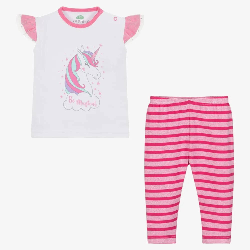 Girls Pink Cotton Unicorn Leggings Set