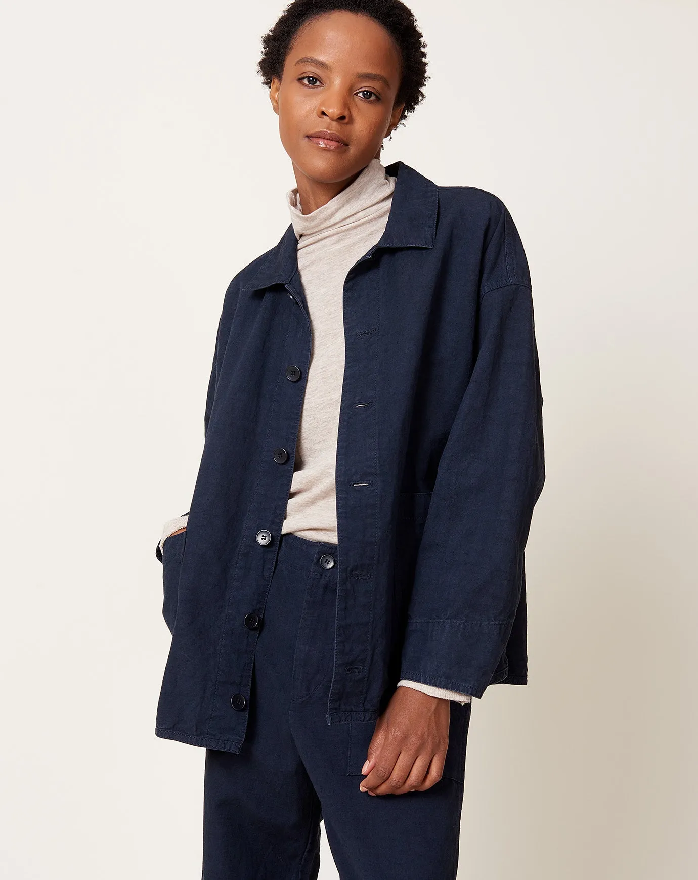 High Thread Count Cotton Linen Jacket in Navy