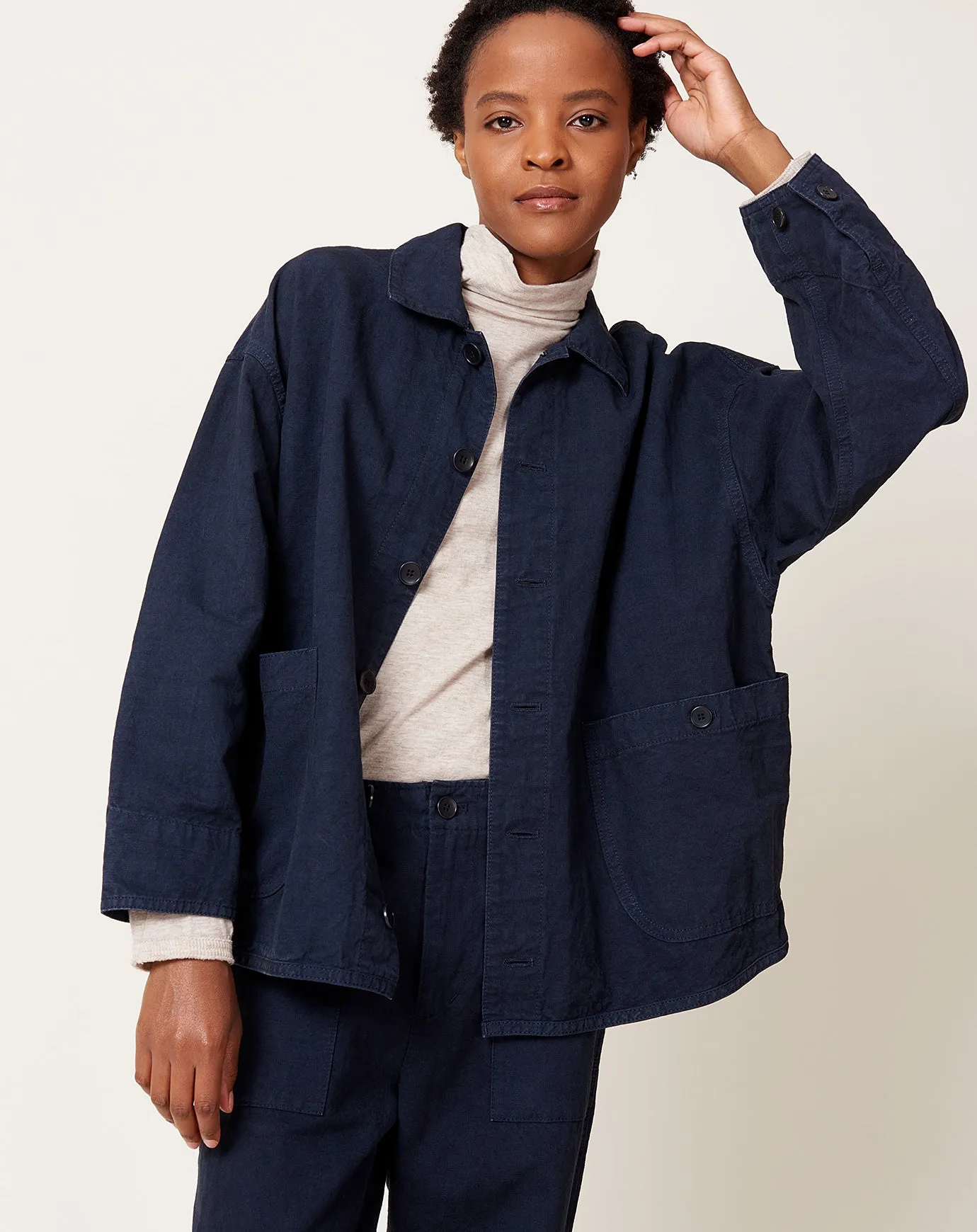 High Thread Count Cotton Linen Jacket in Navy