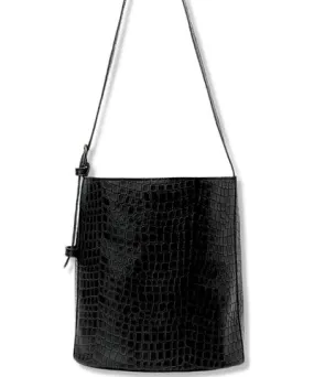 Juan-Jo Women's Black Croc Embossed Leather Bucket Bag