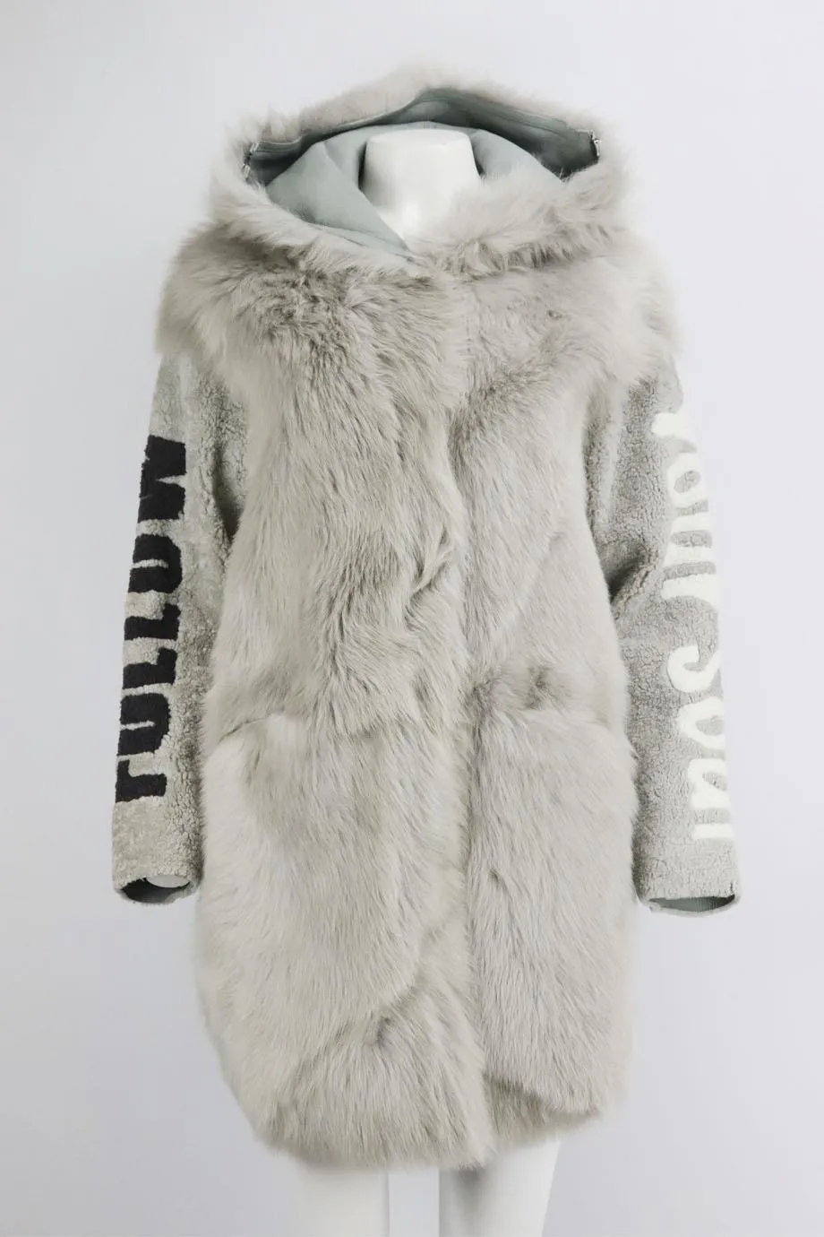 LOU ANDREA HOODED PRINTED SHEARLING COAT MEDIUM