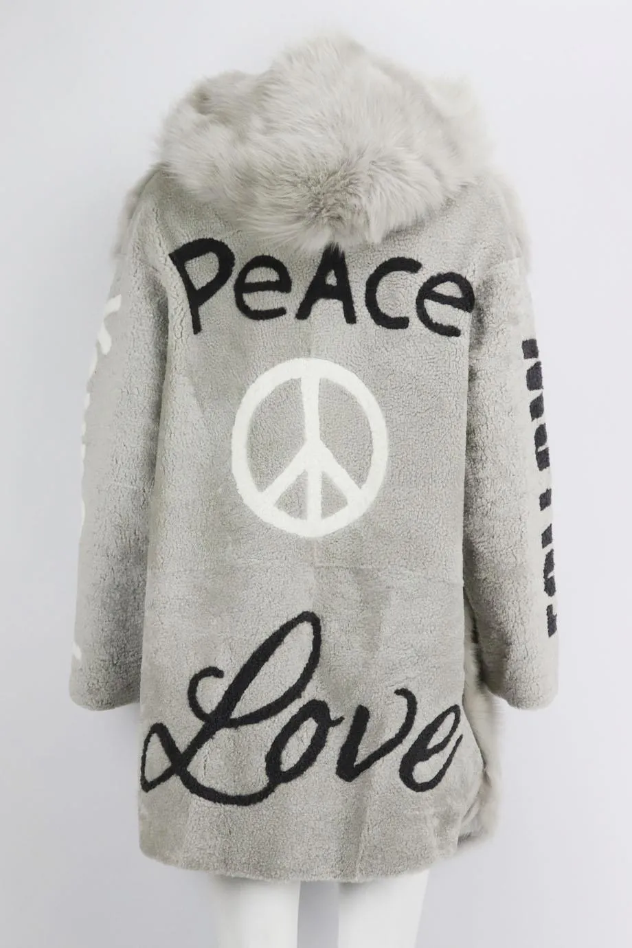 LOU ANDREA HOODED PRINTED SHEARLING COAT MEDIUM