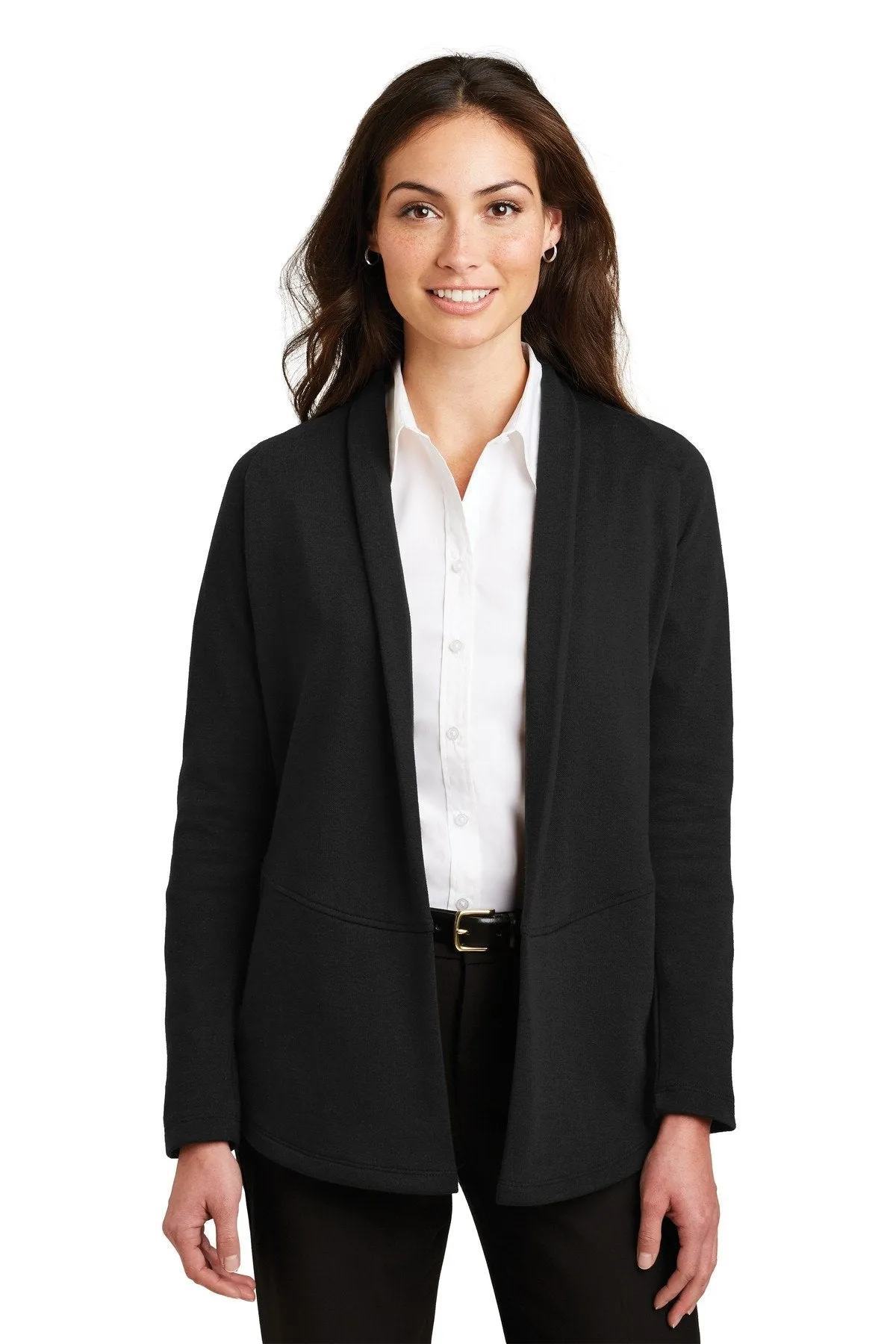 Port Authority Ladies Interlock Cardigan L807 Deep Black/ Charcoal Heather