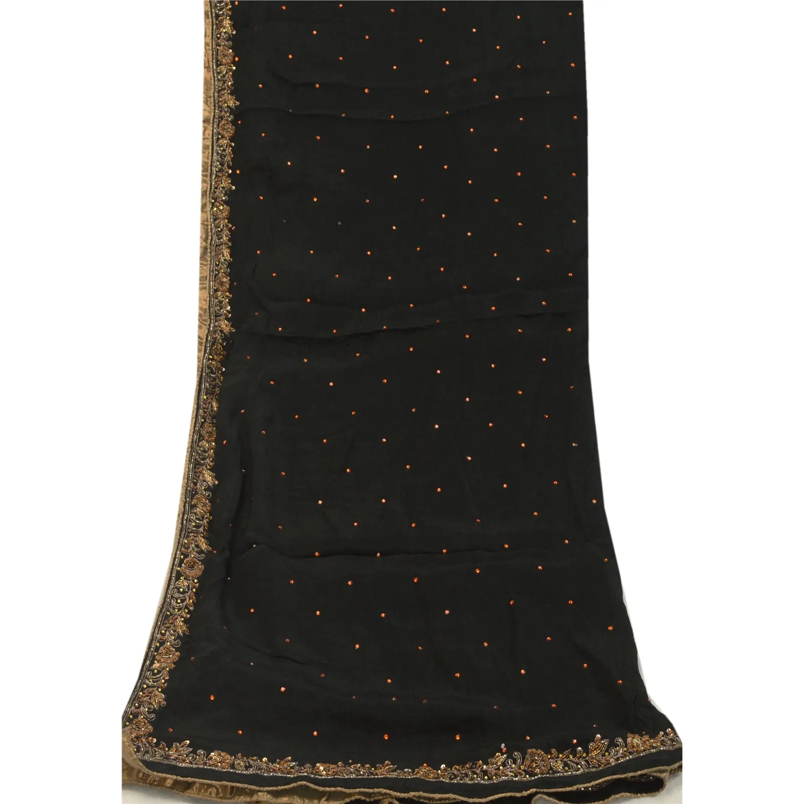 Sanskriti Vintage Black Long Dupatta Stole Pure Chiffon Silk Hand Beaded Scarves