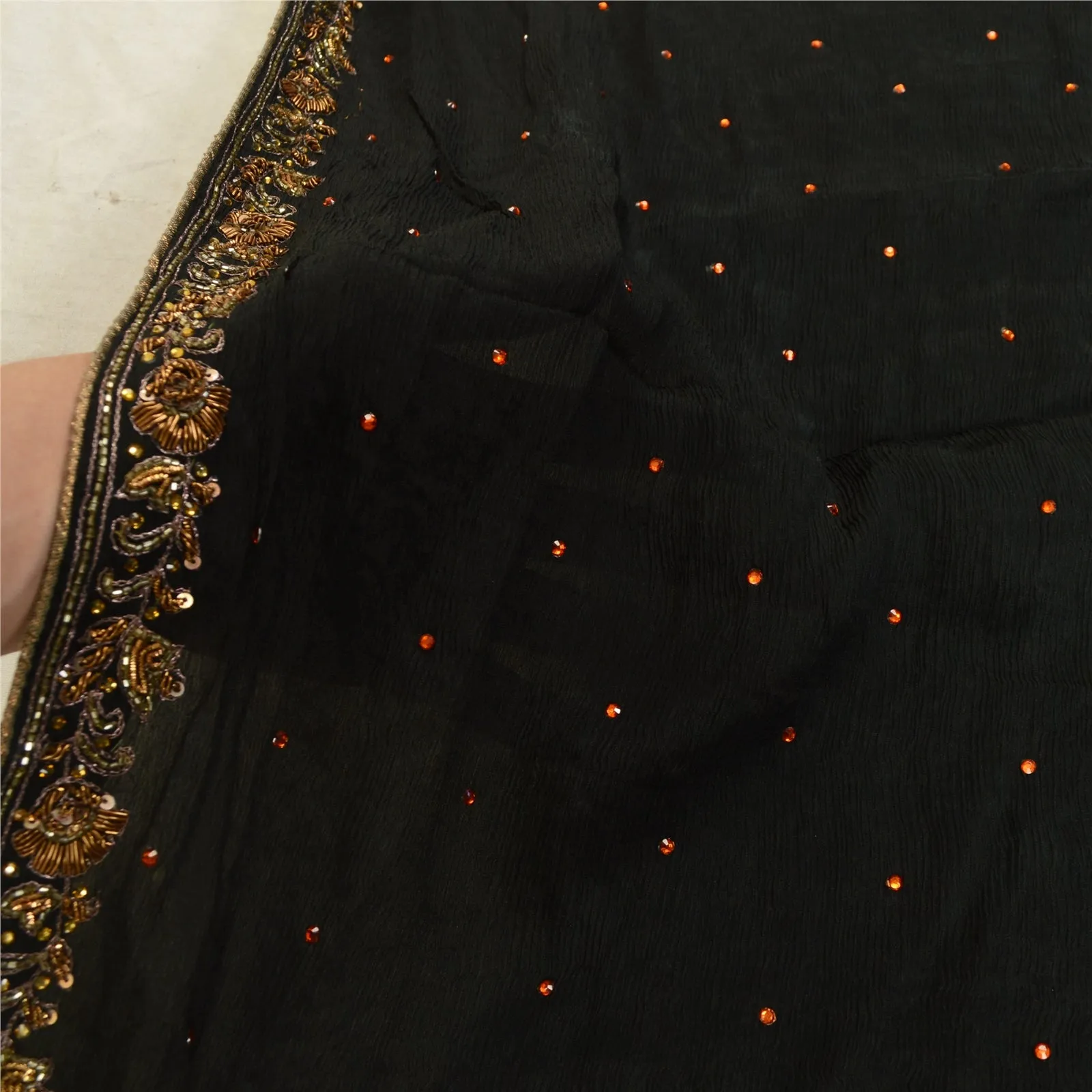 Sanskriti Vintage Black Long Dupatta Stole Pure Chiffon Silk Hand Beaded Scarves