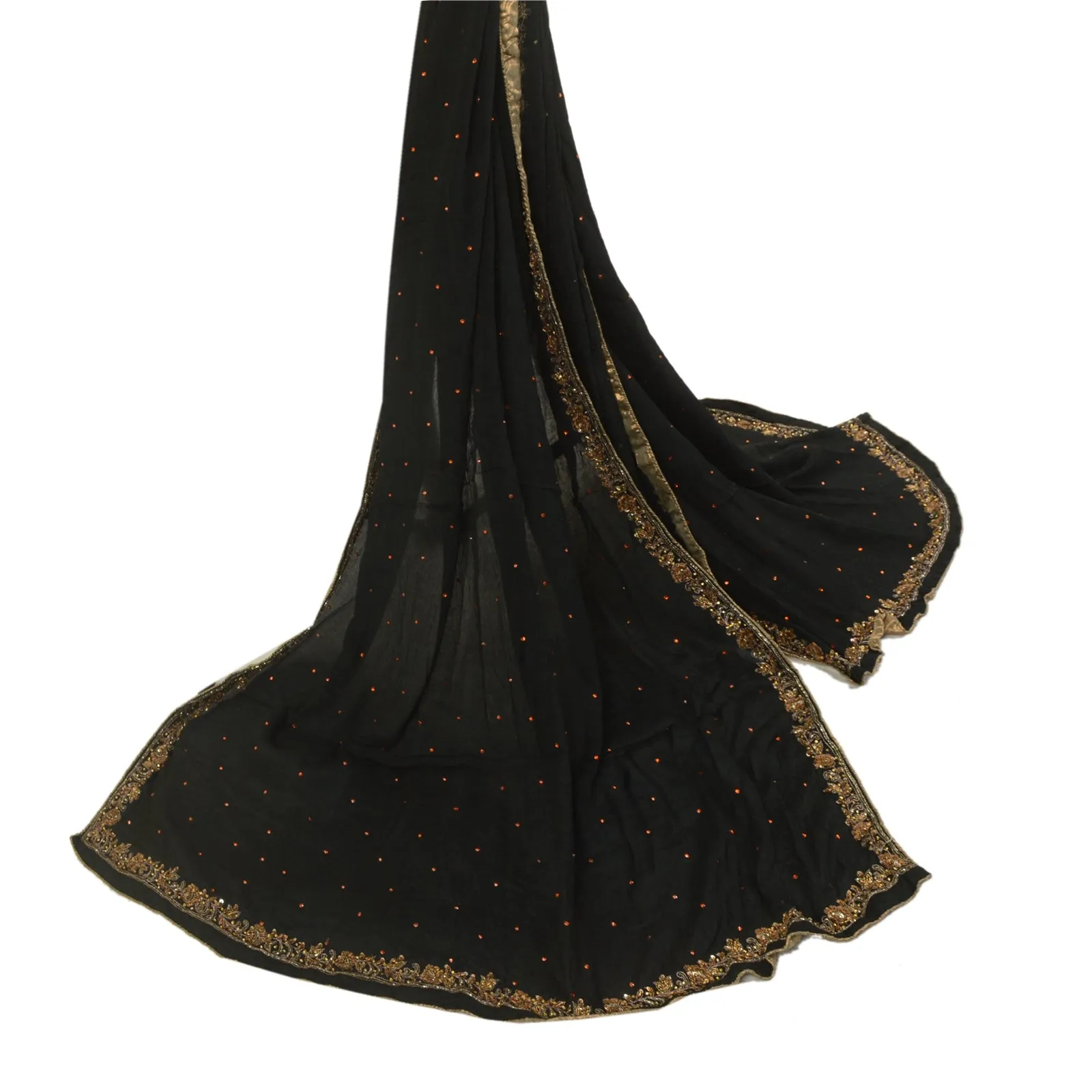 Sanskriti Vintage Black Long Dupatta Stole Pure Chiffon Silk Hand Beaded Scarves