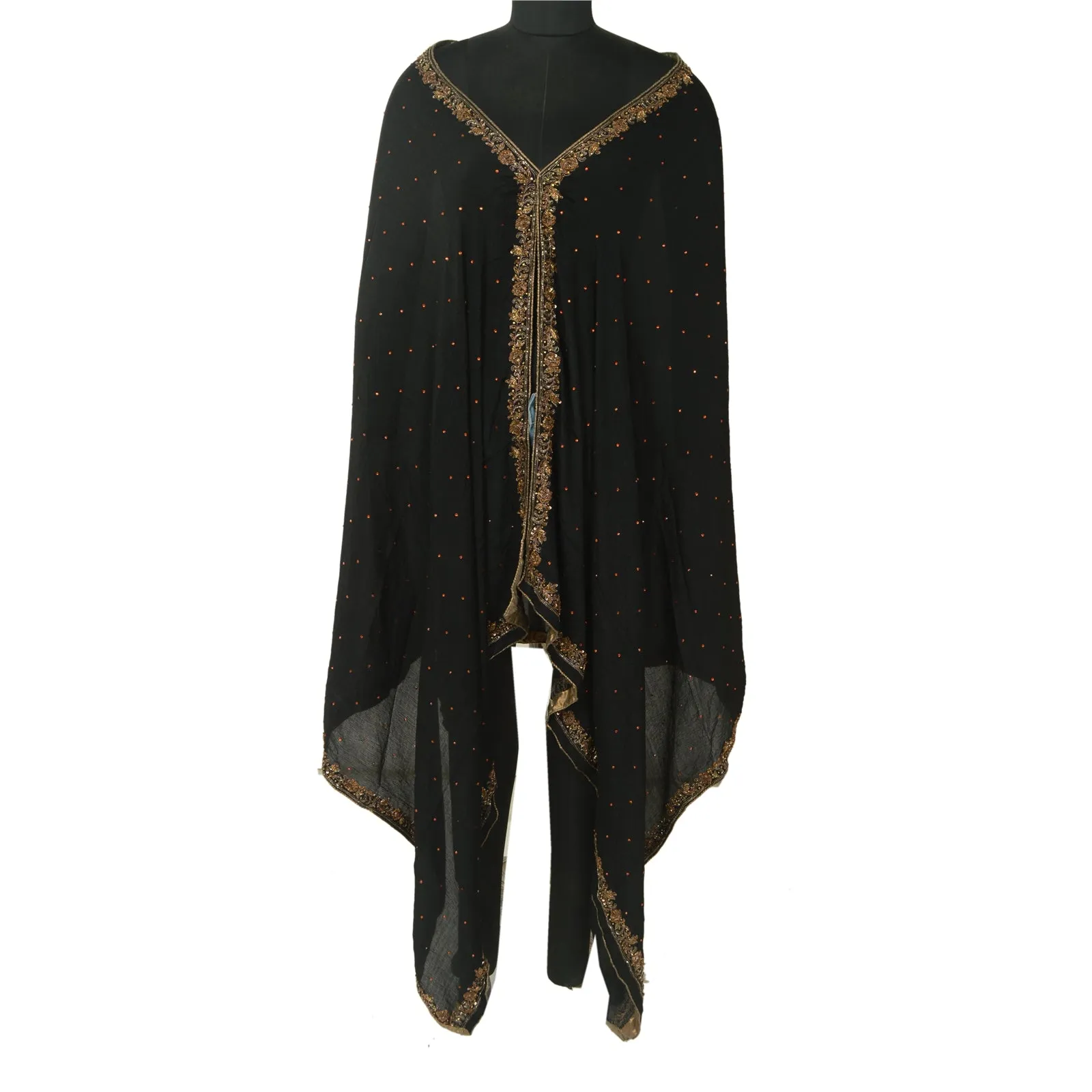 Sanskriti Vintage Black Long Dupatta Stole Pure Chiffon Silk Hand Beaded Scarves