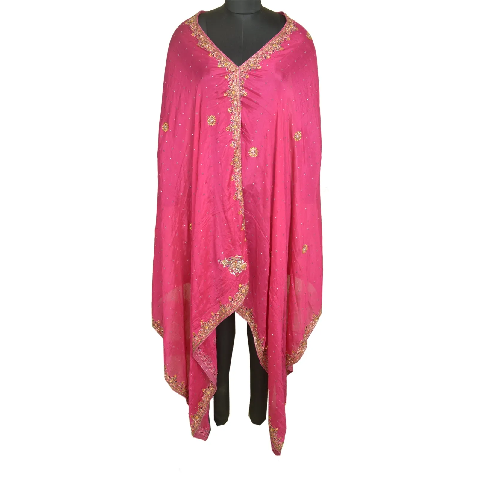 Sanskriti Vintage Dupatta Pink Long Stole Pure Silk Veil Hand Beaded Scarves