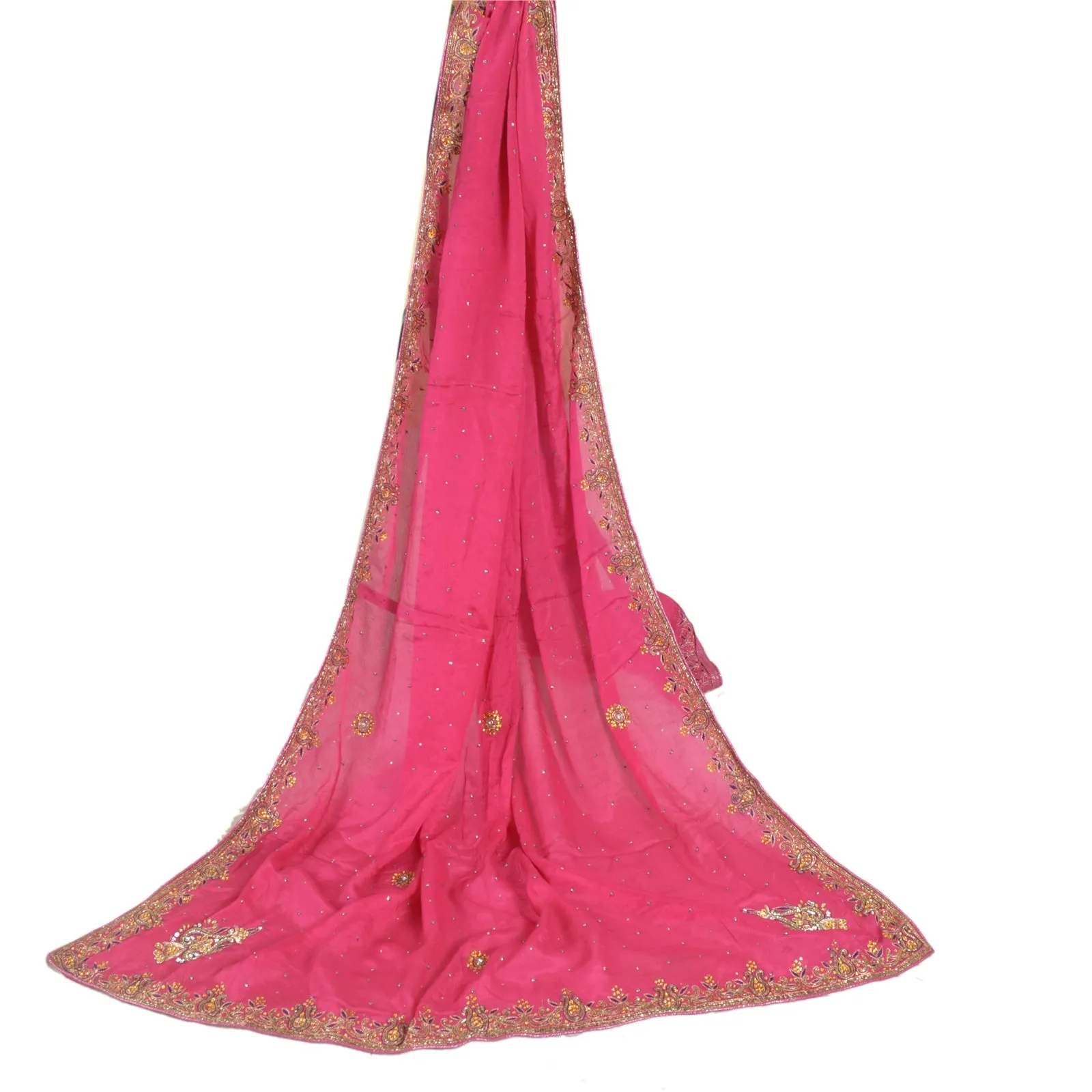 Sanskriti Vintage Dupatta Pink Long Stole Pure Silk Veil Hand Beaded Scarves