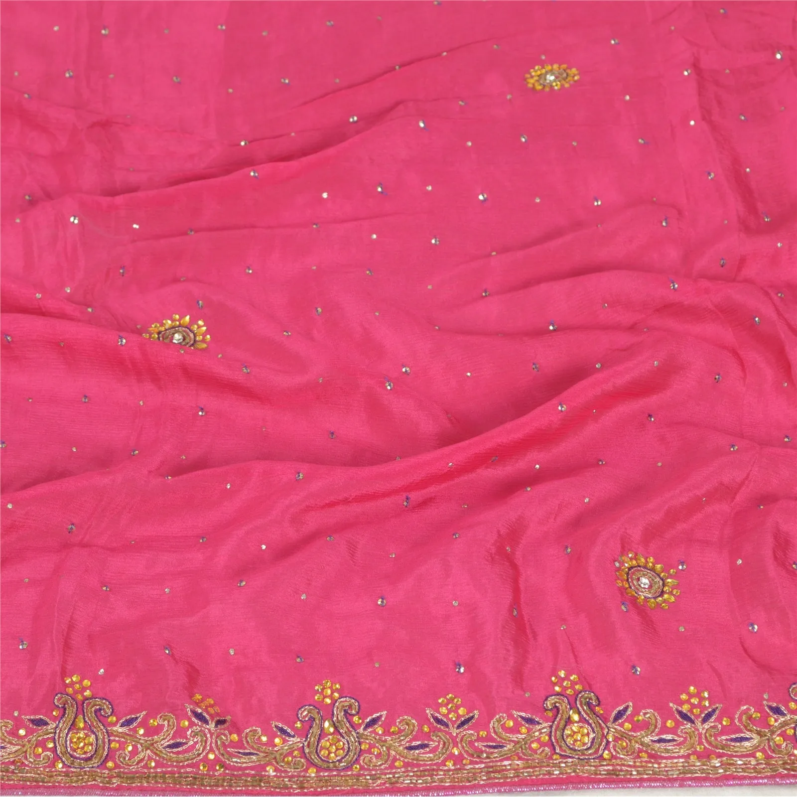 Sanskriti Vintage Dupatta Pink Long Stole Pure Silk Veil Hand Beaded Scarves