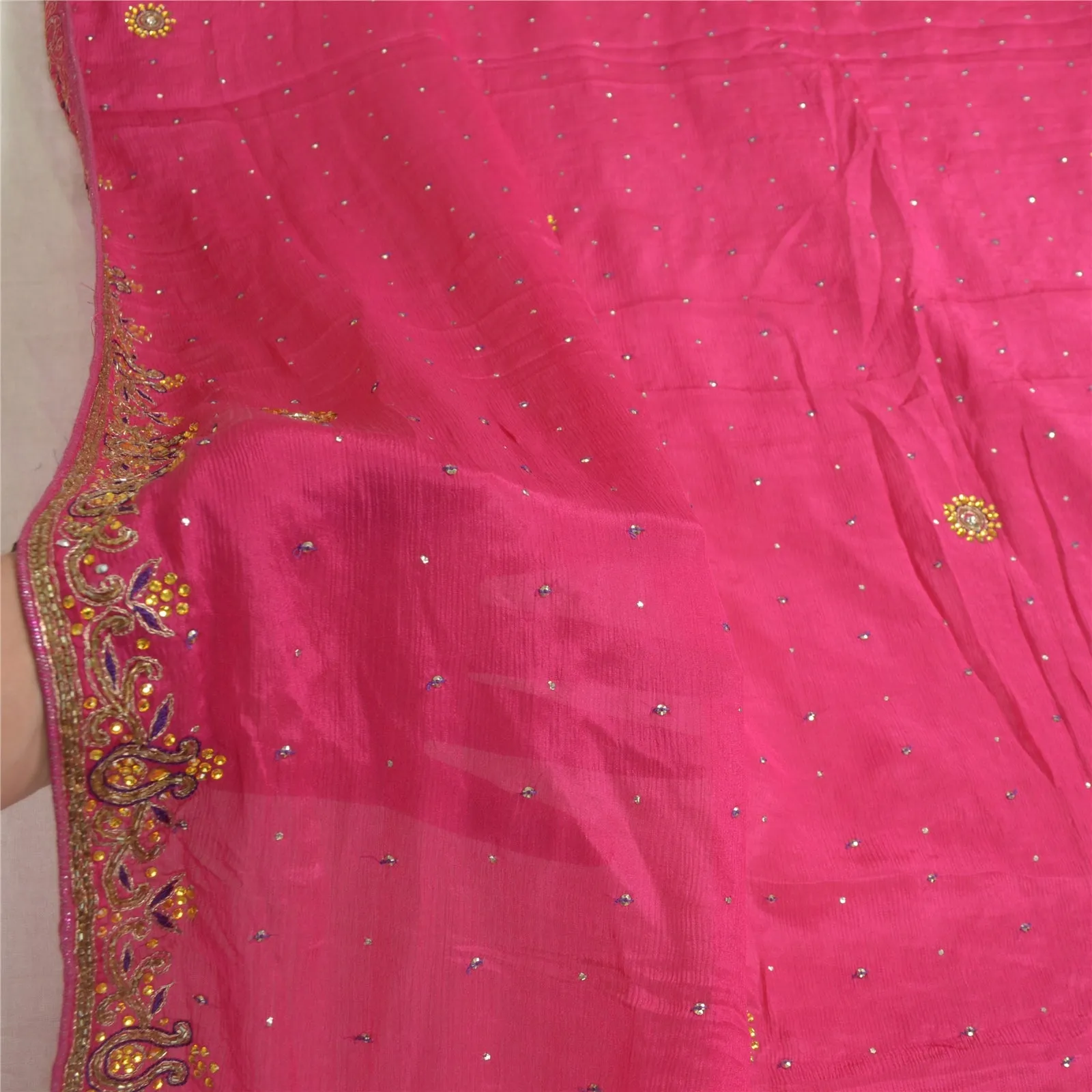 Sanskriti Vintage Dupatta Pink Long Stole Pure Silk Veil Hand Beaded Scarves