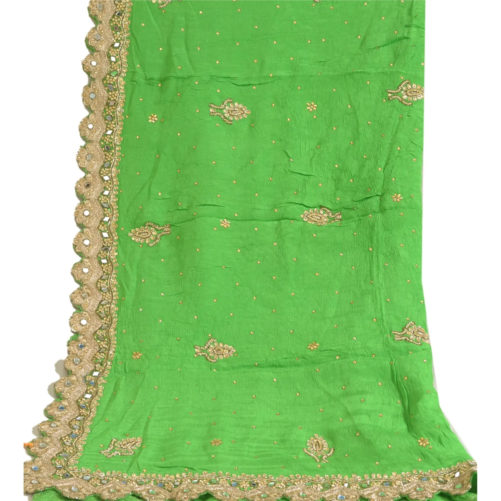 Sanskriti Vintage Green Long Dupatta Stole 100% Pure Silk Hand Beaded Scarves