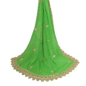 Sanskriti Vintage Green Long Dupatta Stole 100% Pure Silk Hand Beaded Scarves