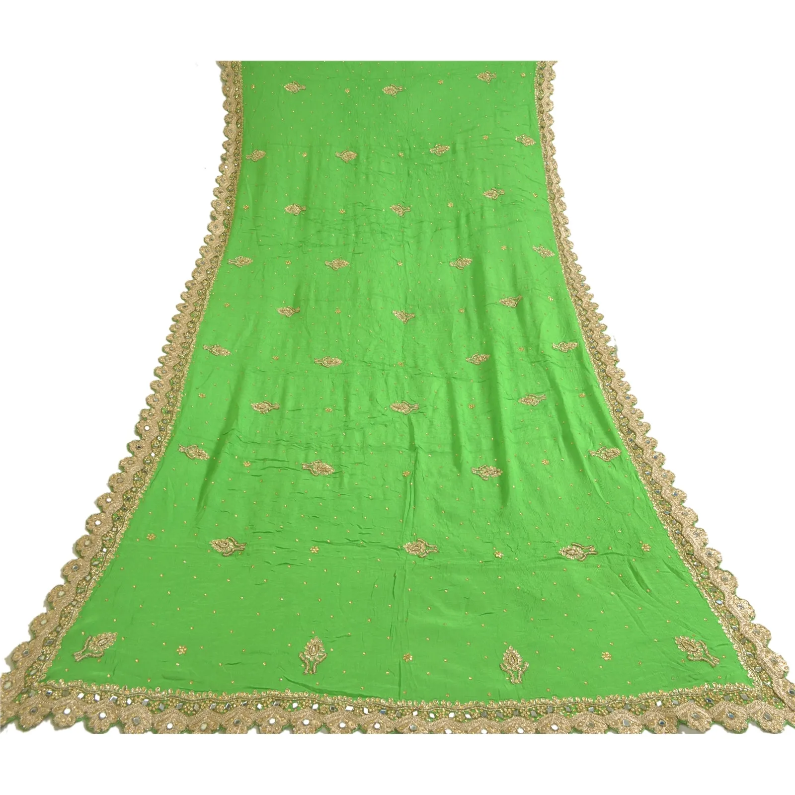 Sanskriti Vintage Green Long Dupatta Stole 100% Pure Silk Hand Beaded Scarves