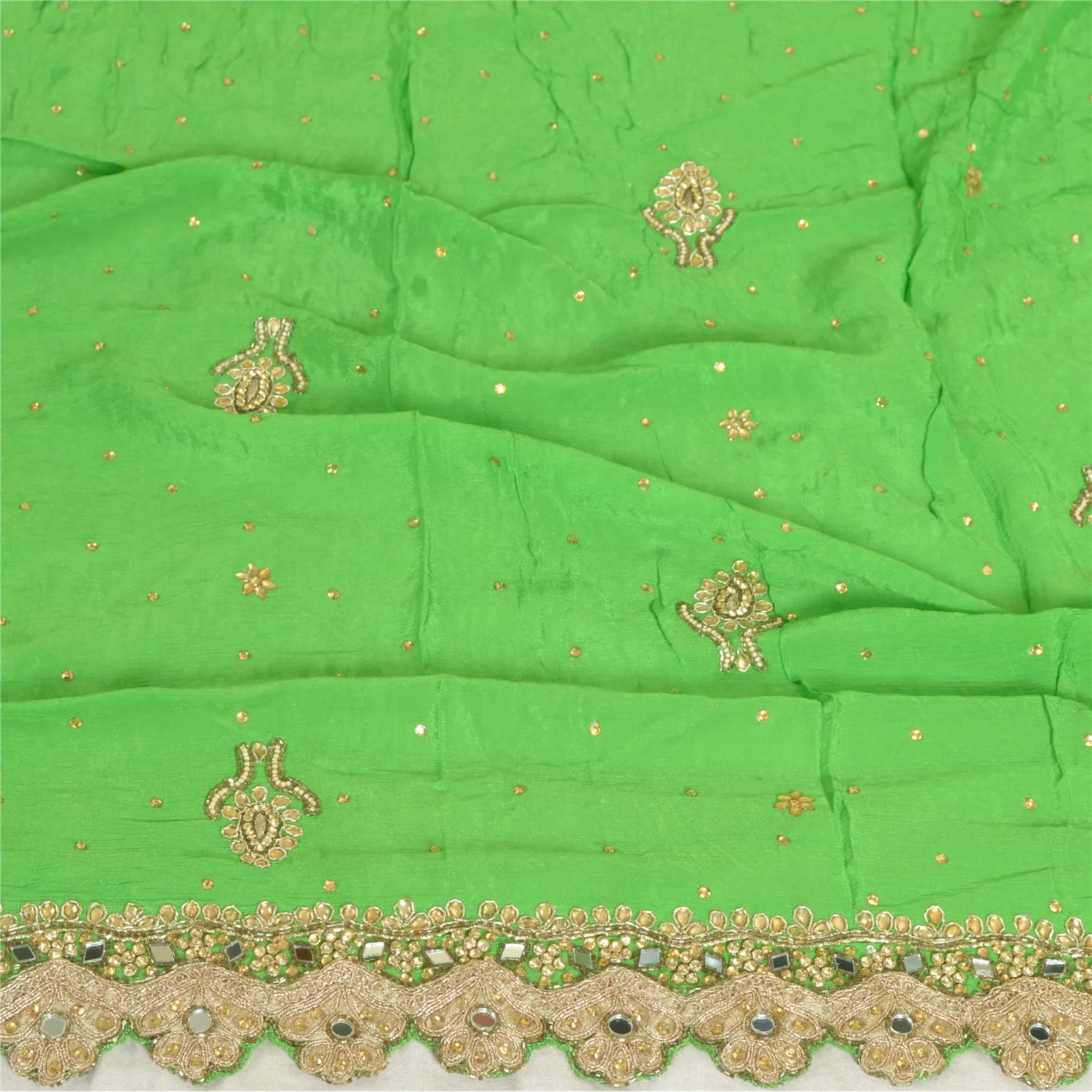 Sanskriti Vintage Green Long Dupatta Stole 100% Pure Silk Hand Beaded Scarves