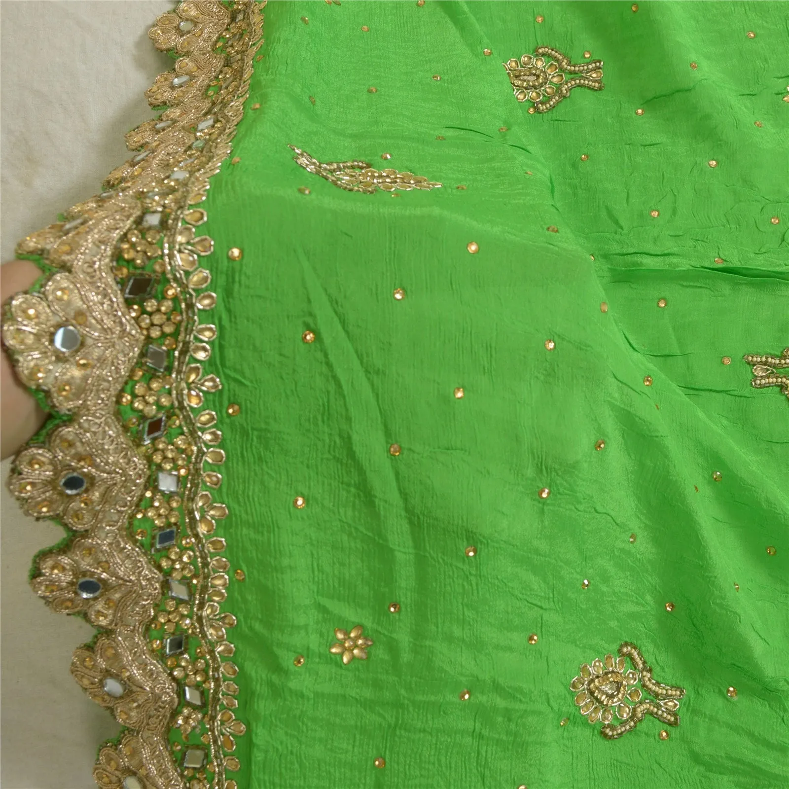 Sanskriti Vintage Green Long Dupatta Stole 100% Pure Silk Hand Beaded Scarves