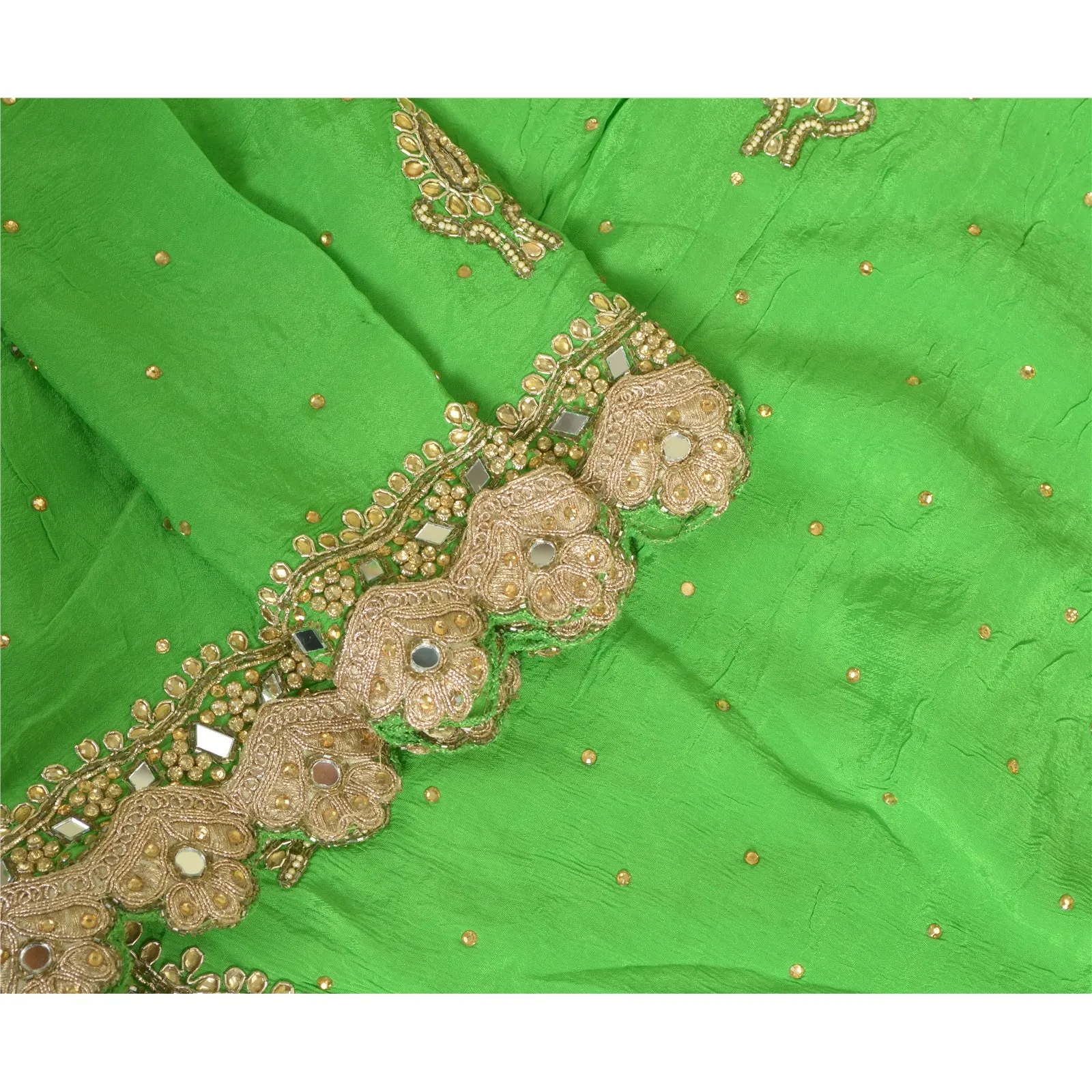 Sanskriti Vintage Green Long Dupatta Stole 100% Pure Silk Hand Beaded Scarves