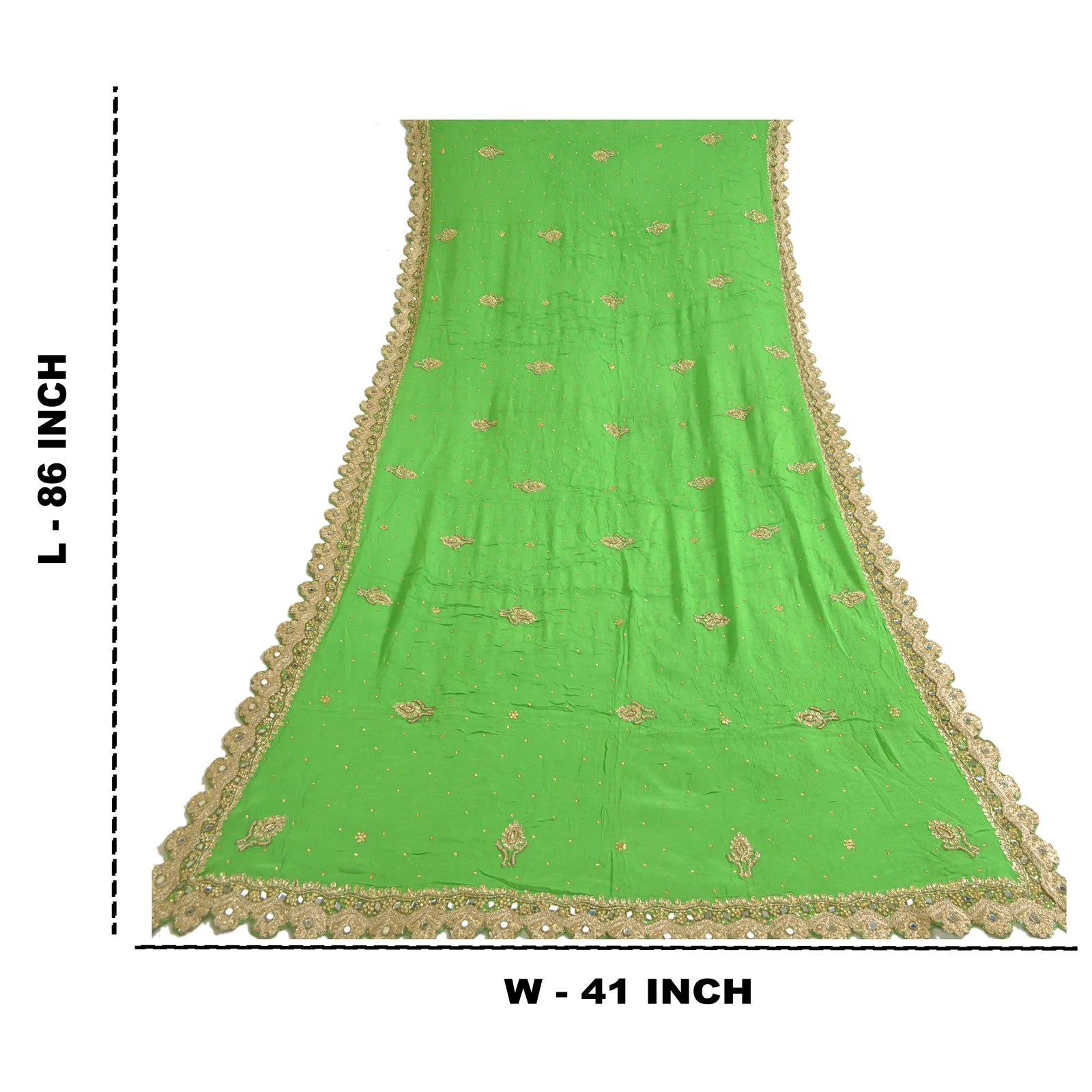 Sanskriti Vintage Green Long Dupatta Stole 100% Pure Silk Hand Beaded Scarves