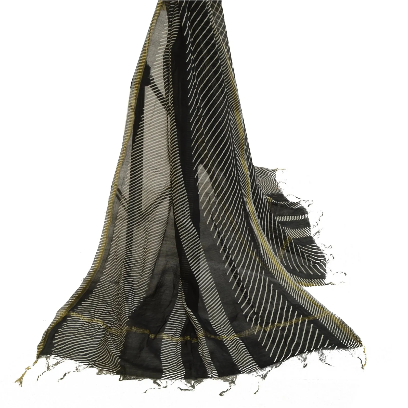 Sanskriti Vintage Long Black Dupatta/Stole Pure Chanderi Silk Printed Scarves