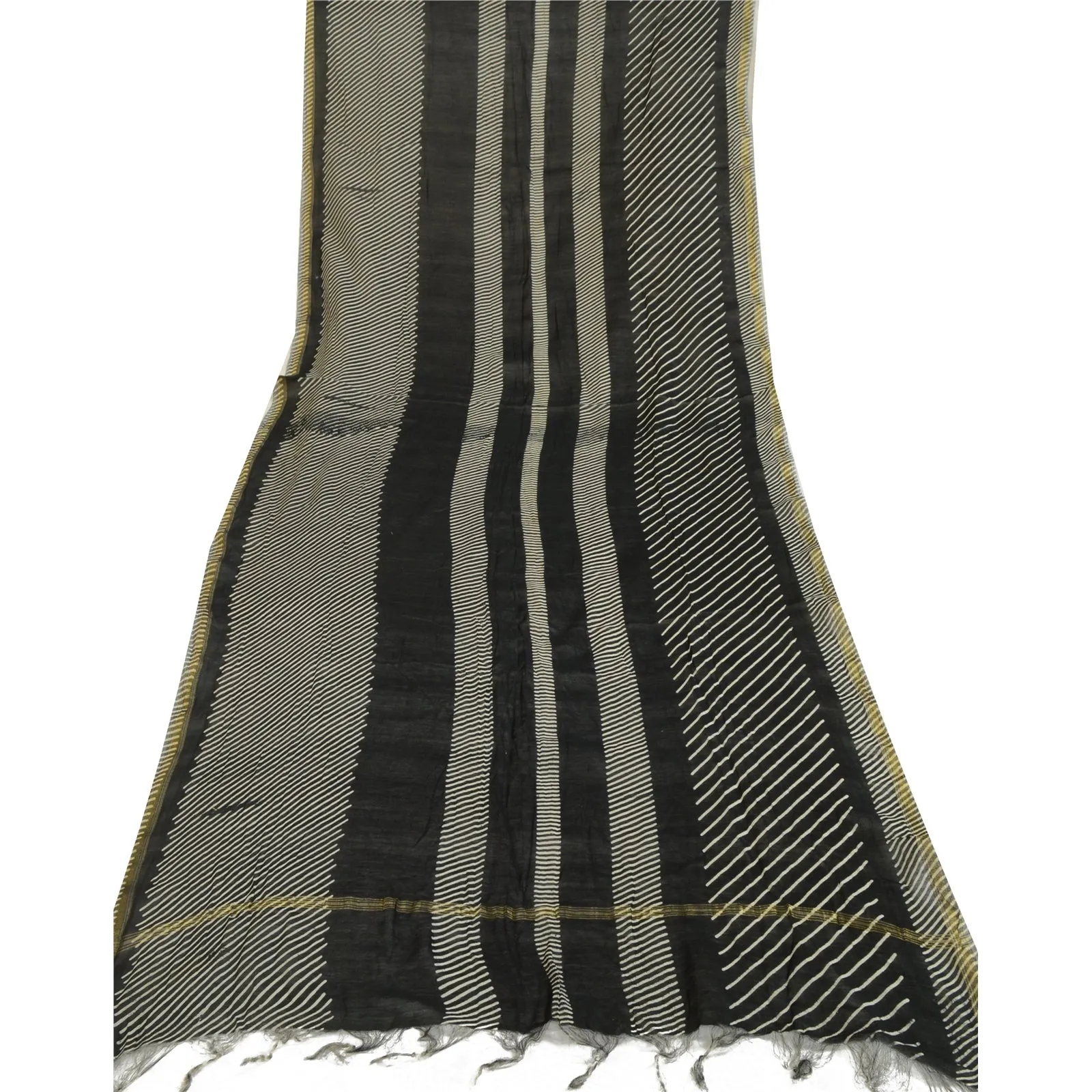 Sanskriti Vintage Long Black Dupatta/Stole Pure Chanderi Silk Printed Scarves