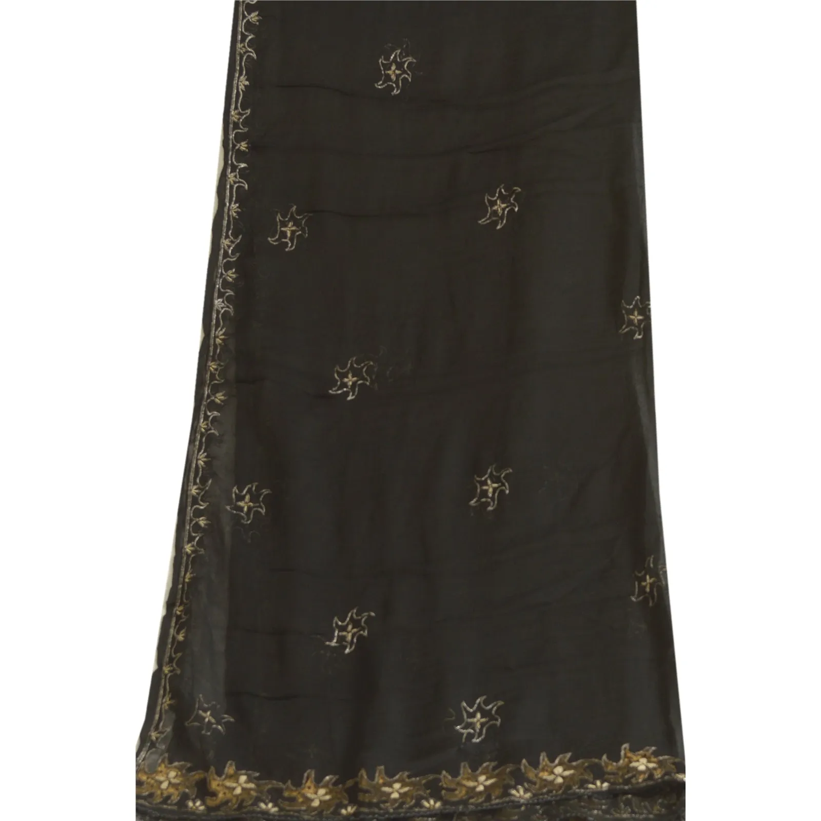 Sanskriti Vintage Long Black Dupatta/Stole Pure Chiffon Silk Hand Beaded Scarves