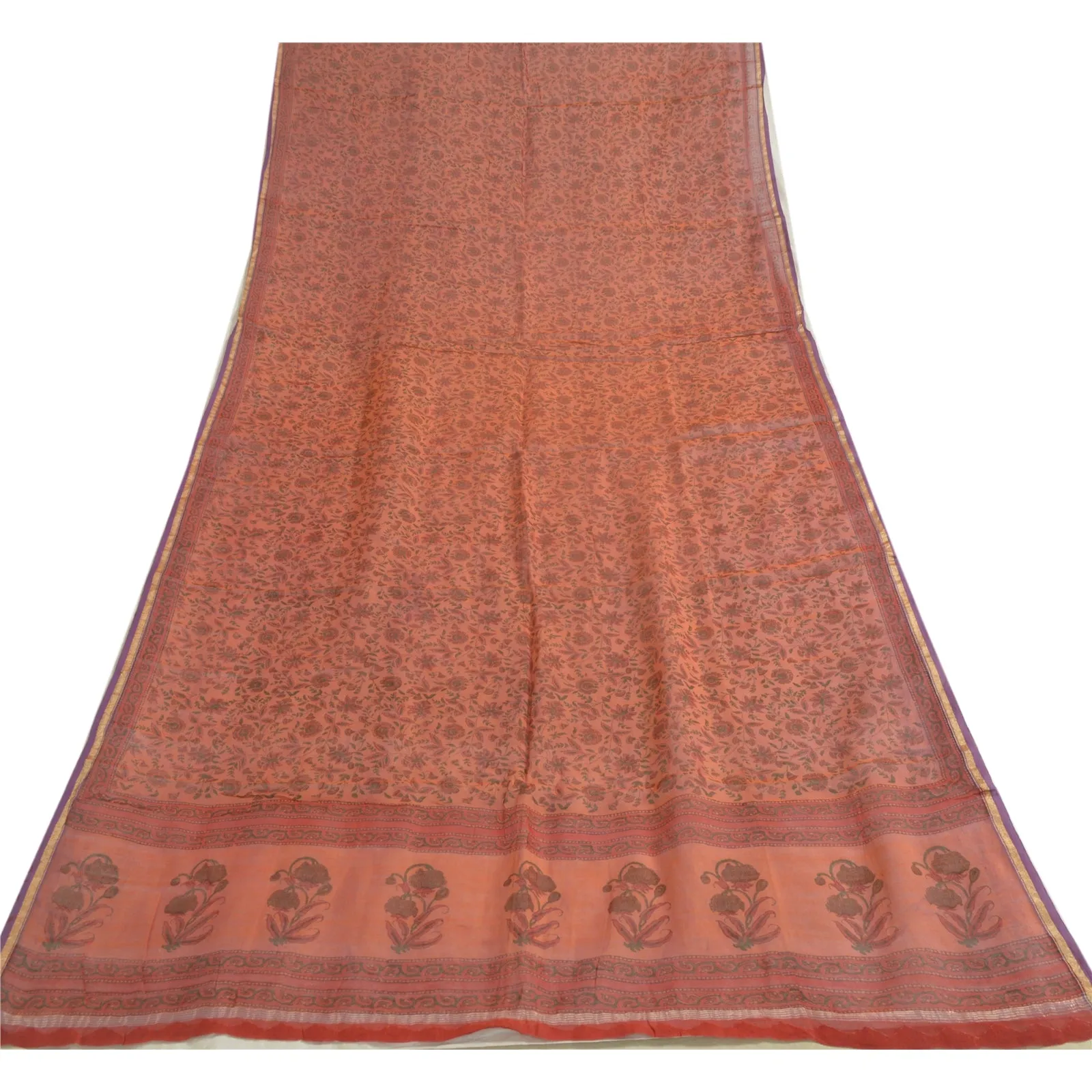 Sanskriti Vintage Long Dupatta Stole Cotton Silk Peach Hand Beaded Woven Scarves