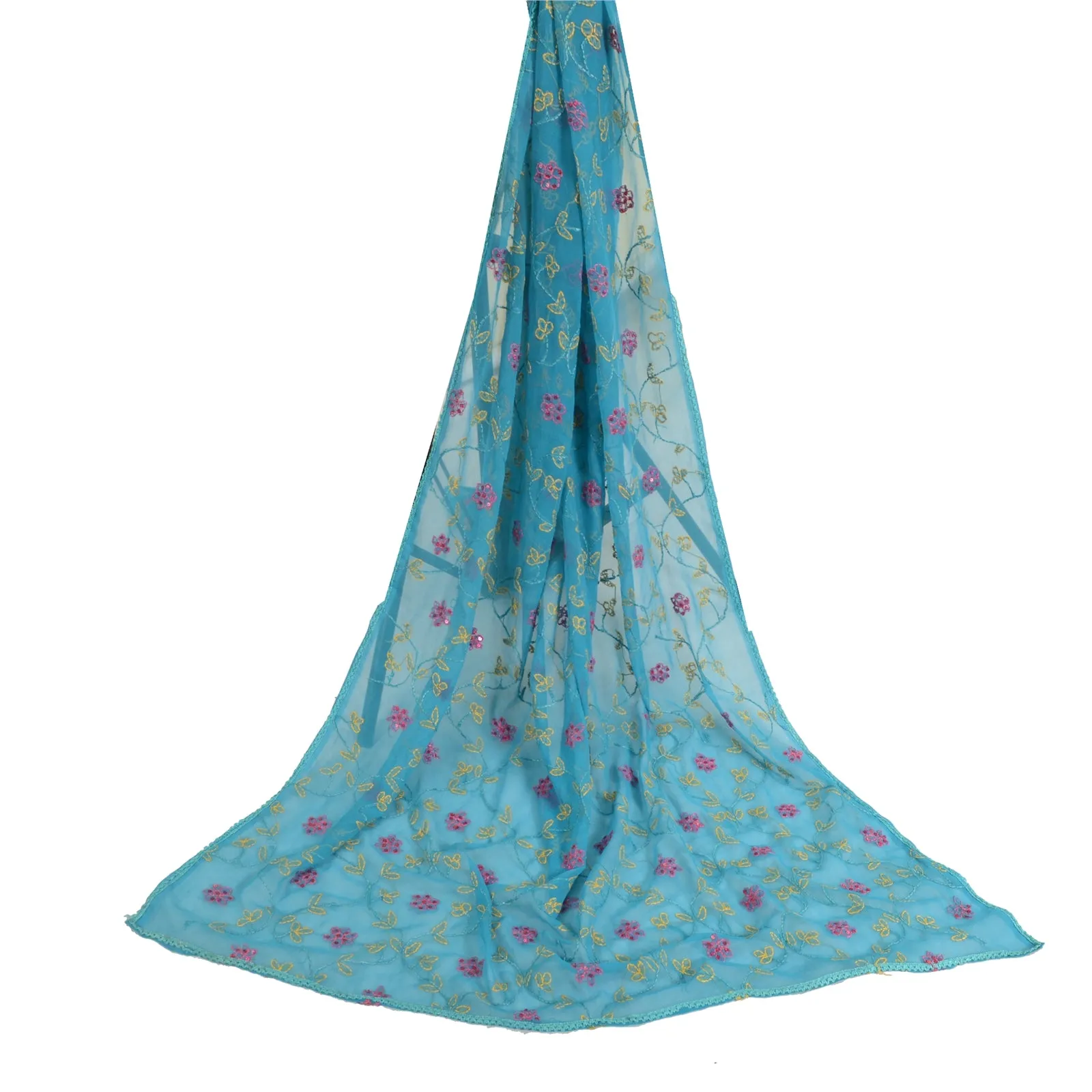 Sanskriti Vintage Long Dupatta Stole Georgette Blue Handmade Chikankari Scarves