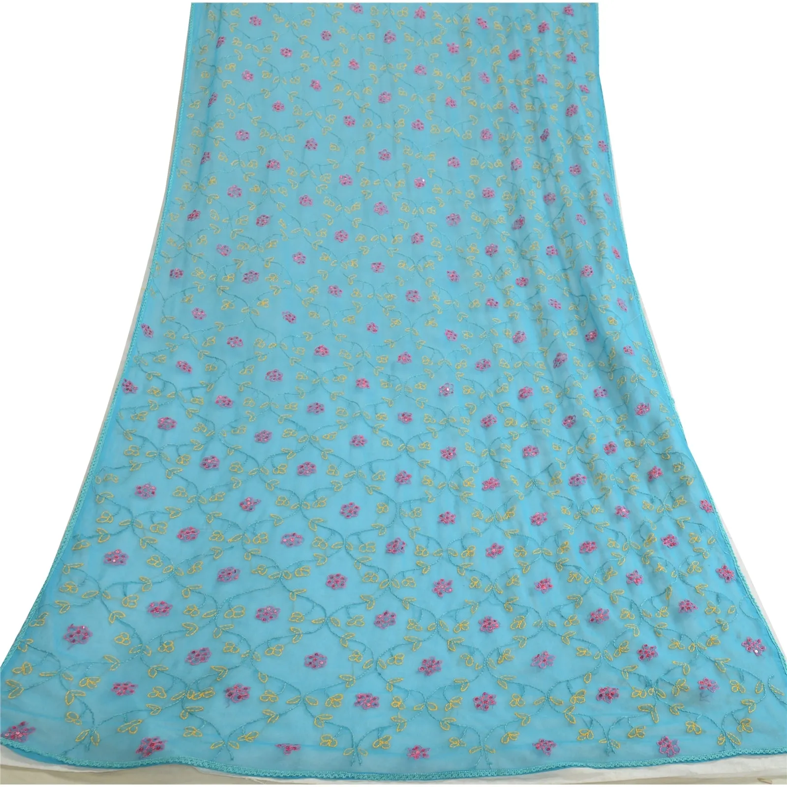 Sanskriti Vintage Long Dupatta Stole Georgette Blue Handmade Chikankari Scarves