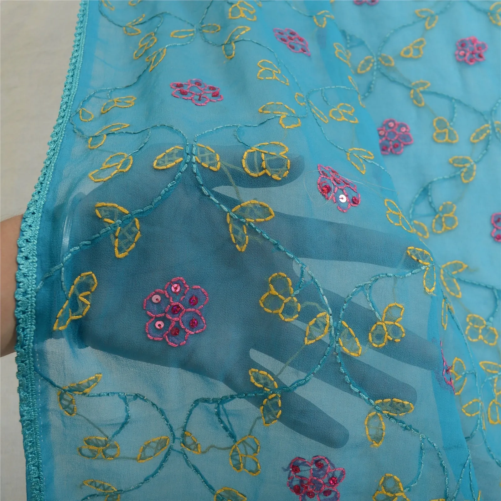 Sanskriti Vintage Long Dupatta Stole Georgette Blue Handmade Chikankari Scarves