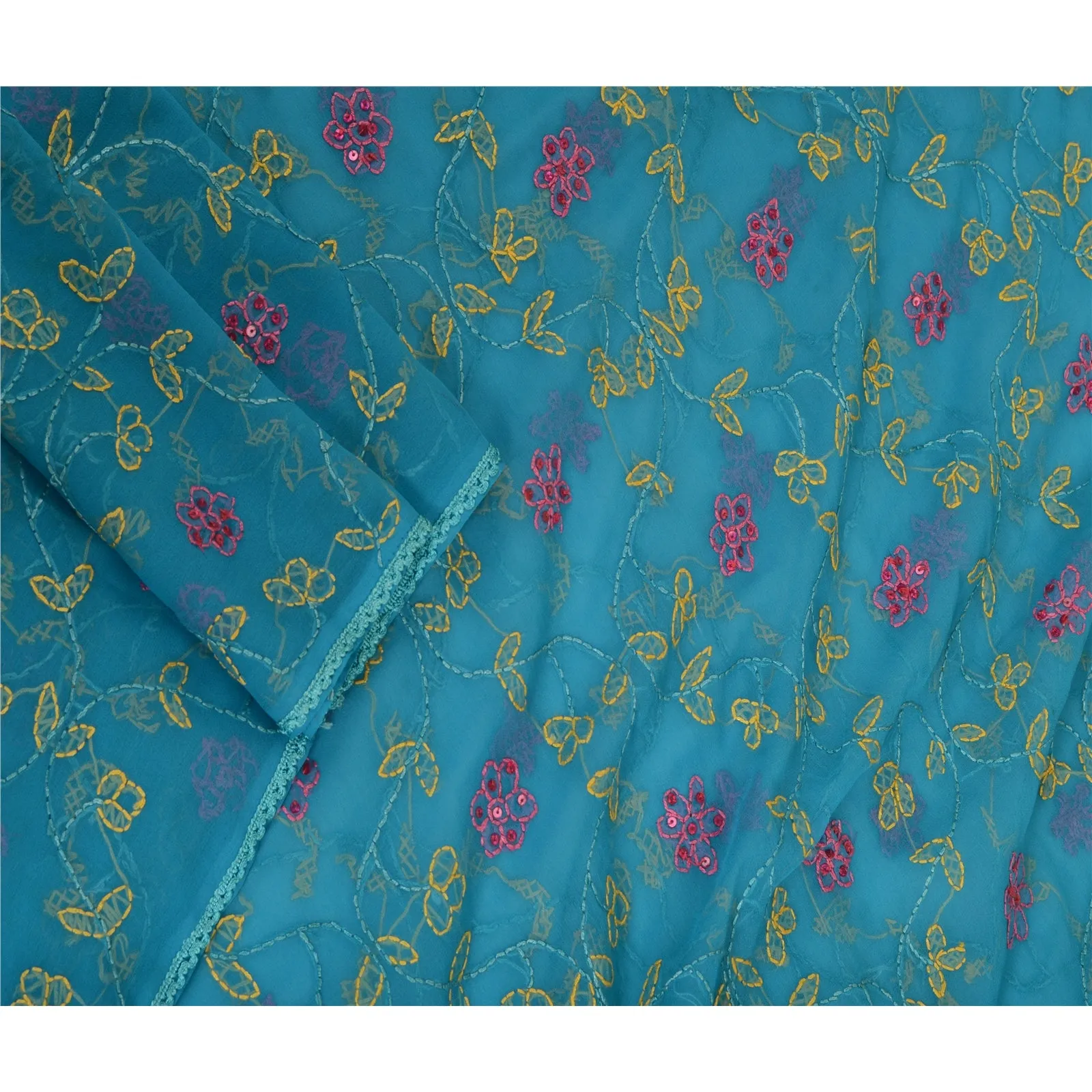 Sanskriti Vintage Long Dupatta Stole Georgette Blue Handmade Chikankari Scarves