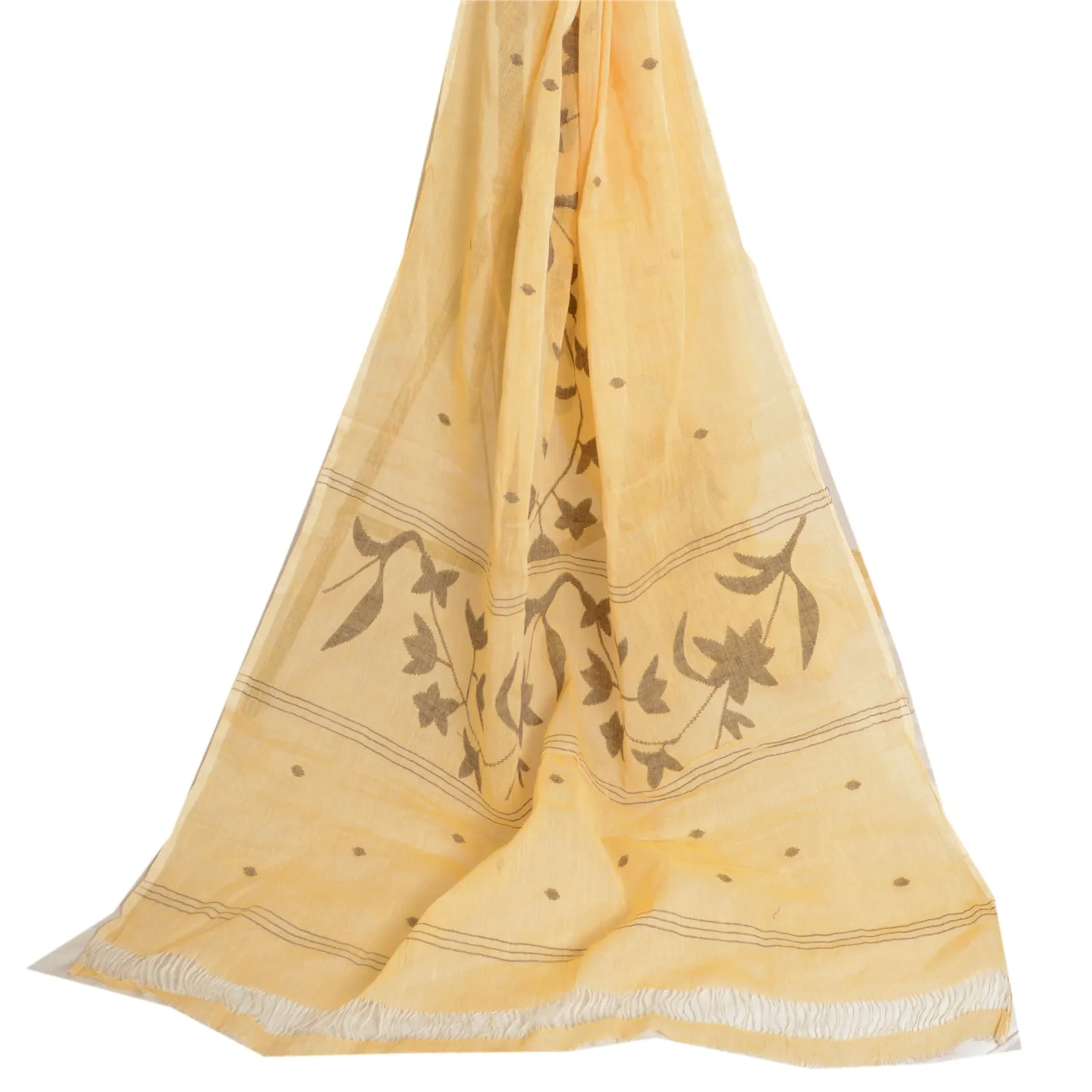 Sanskriti Vintage Long Dupatta Stole Pure Cotton Cream Hand-Woven Tant Scarves