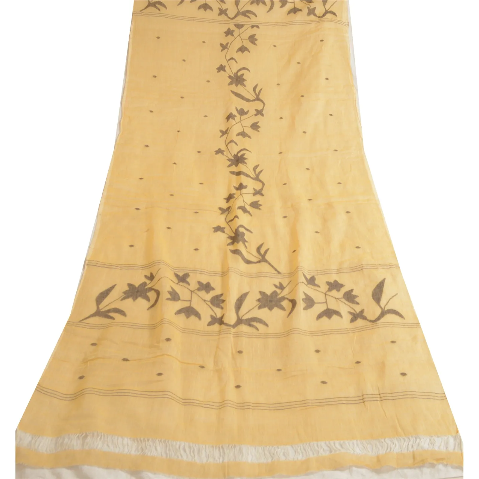 Sanskriti Vintage Long Dupatta Stole Pure Cotton Cream Hand-Woven Tant Scarves