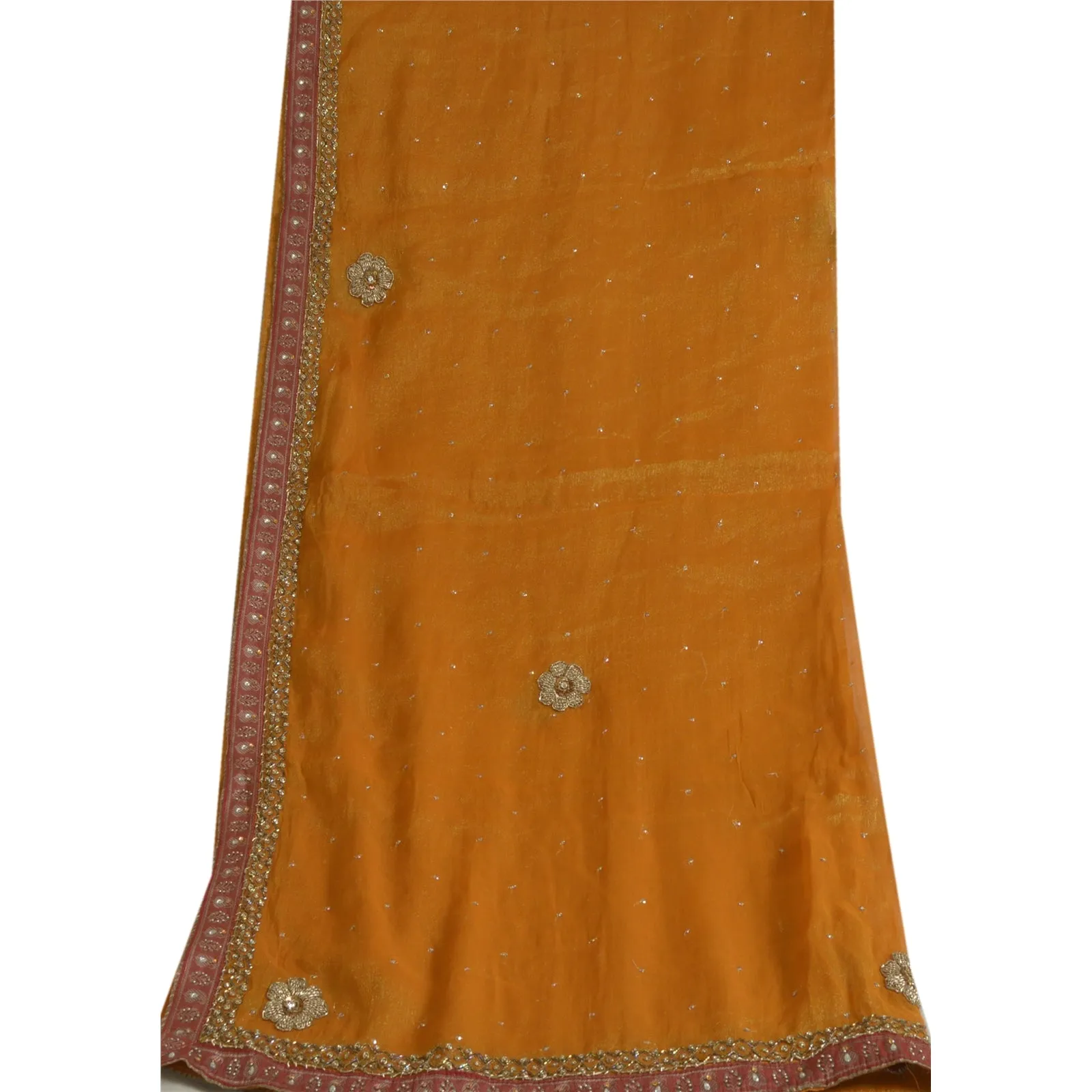 Sanskriti Vintage Long Dupatta Stole Pure Silk Saffron Hand Beaded Woven Scarves