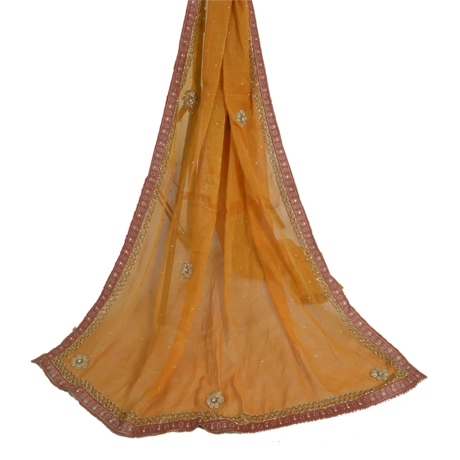 Sanskriti Vintage Long Dupatta Stole Pure Silk Saffron Hand Beaded Woven Scarves