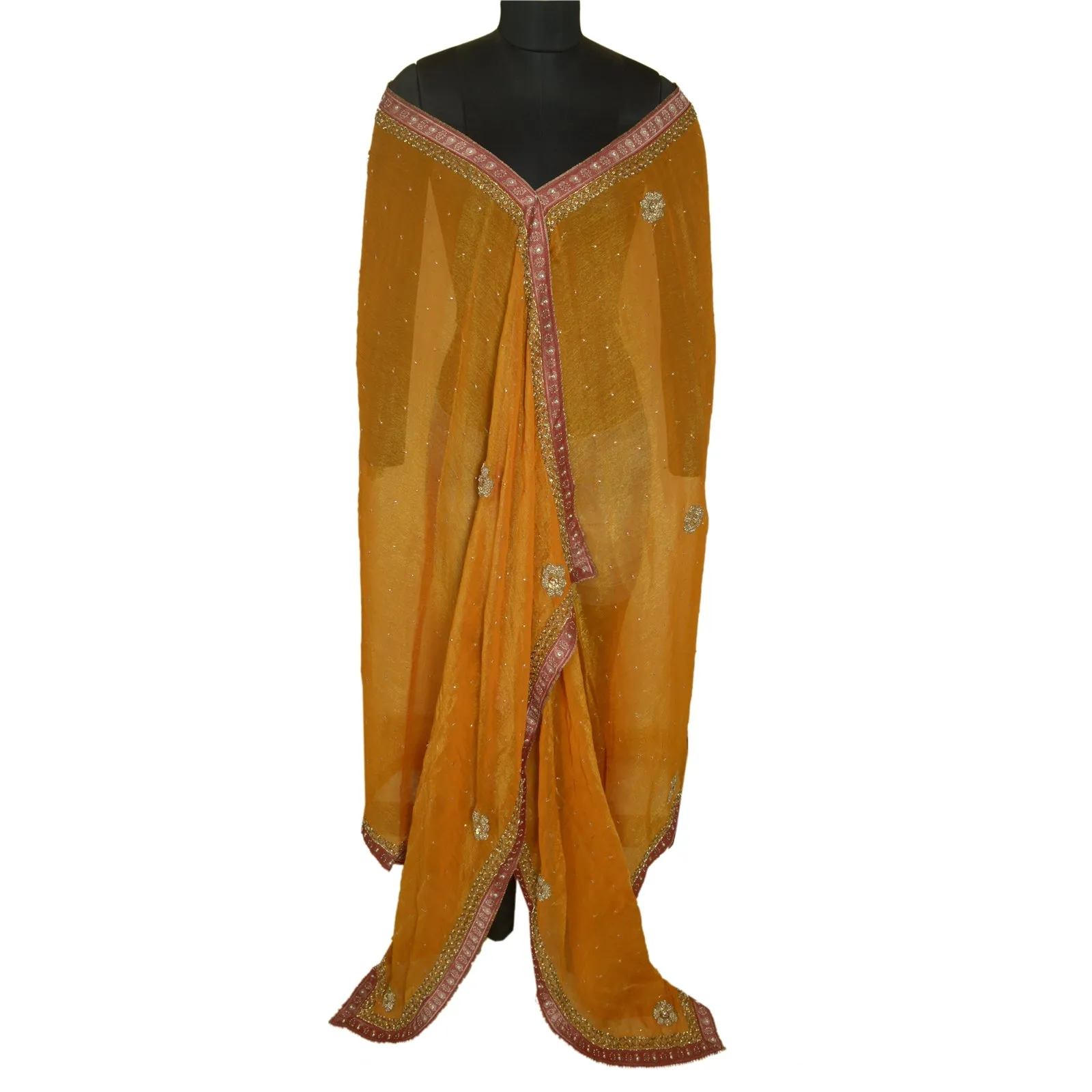 Sanskriti Vintage Long Dupatta Stole Pure Silk Saffron Hand Beaded Woven Scarves