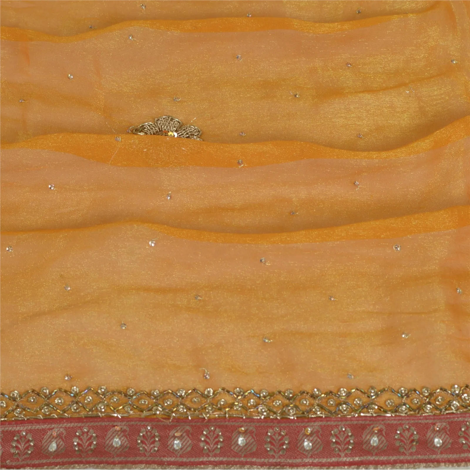 Sanskriti Vintage Long Dupatta Stole Pure Silk Saffron Hand Beaded Woven Scarves