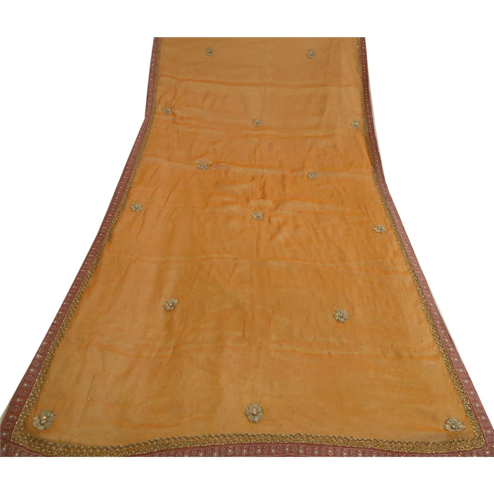 Sanskriti Vintage Long Dupatta Stole Pure Silk Saffron Hand Beaded Woven Scarves