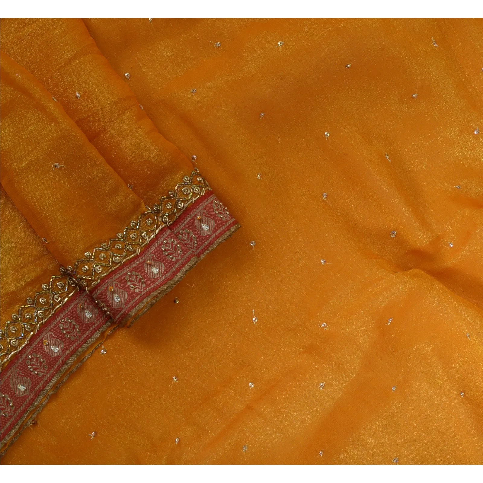 Sanskriti Vintage Long Dupatta Stole Pure Silk Saffron Hand Beaded Woven Scarves