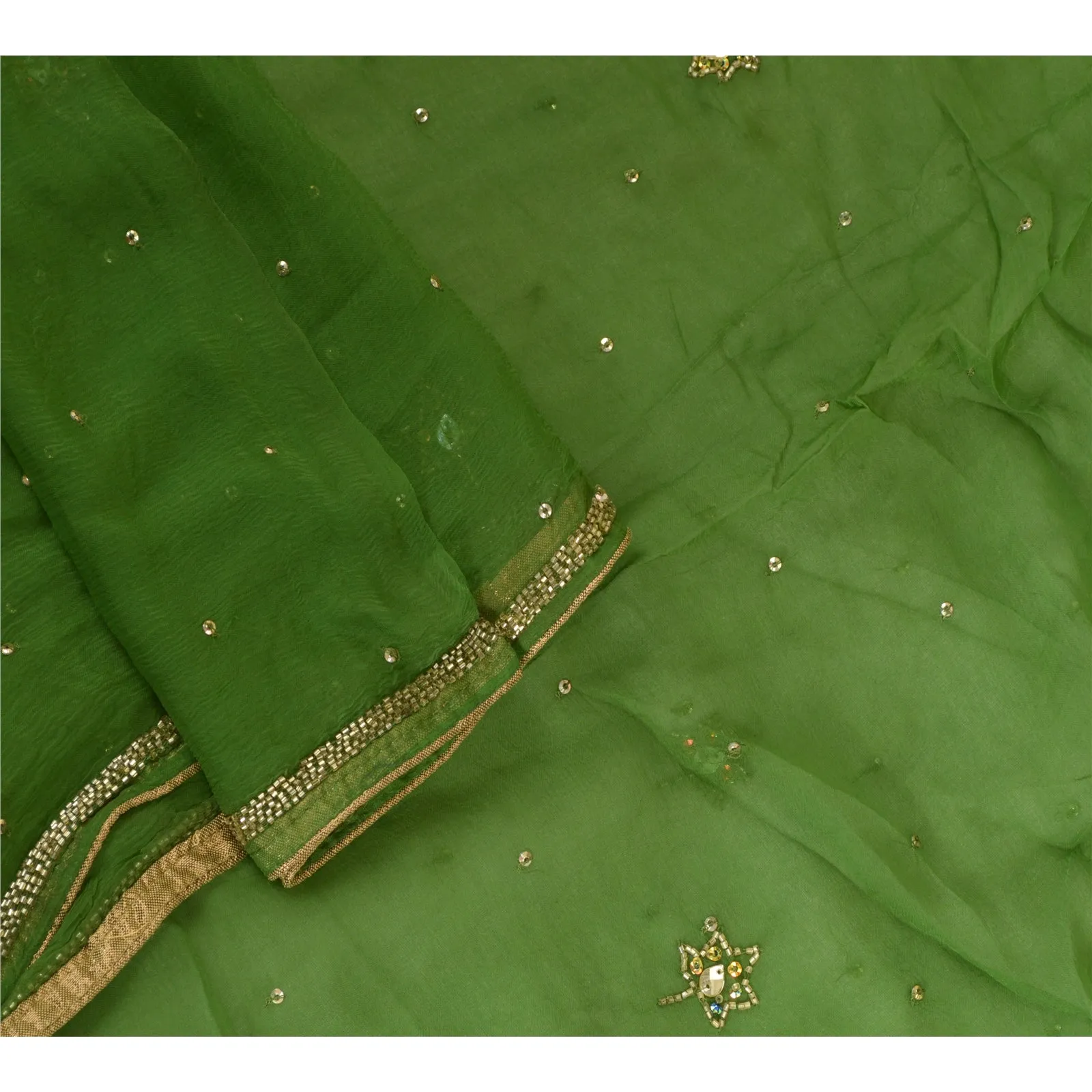 Sanskriti Vintage Long Green Dupatta/Stole Pure Chiffon Silk Hand Beaded Scarves