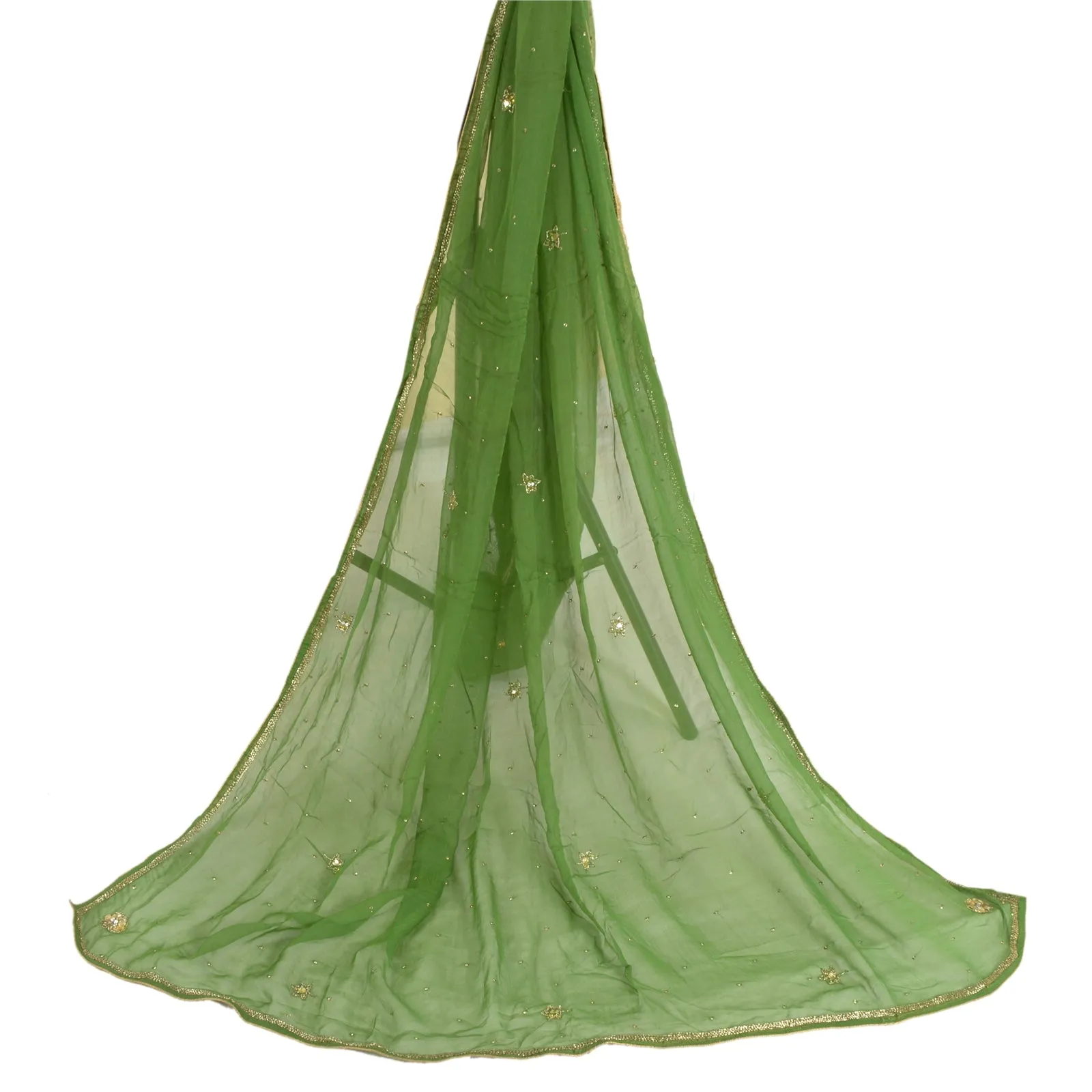 Sanskriti Vintage Long Green Dupatta/Stole Pure Chiffon Silk Hand Beaded Scarves