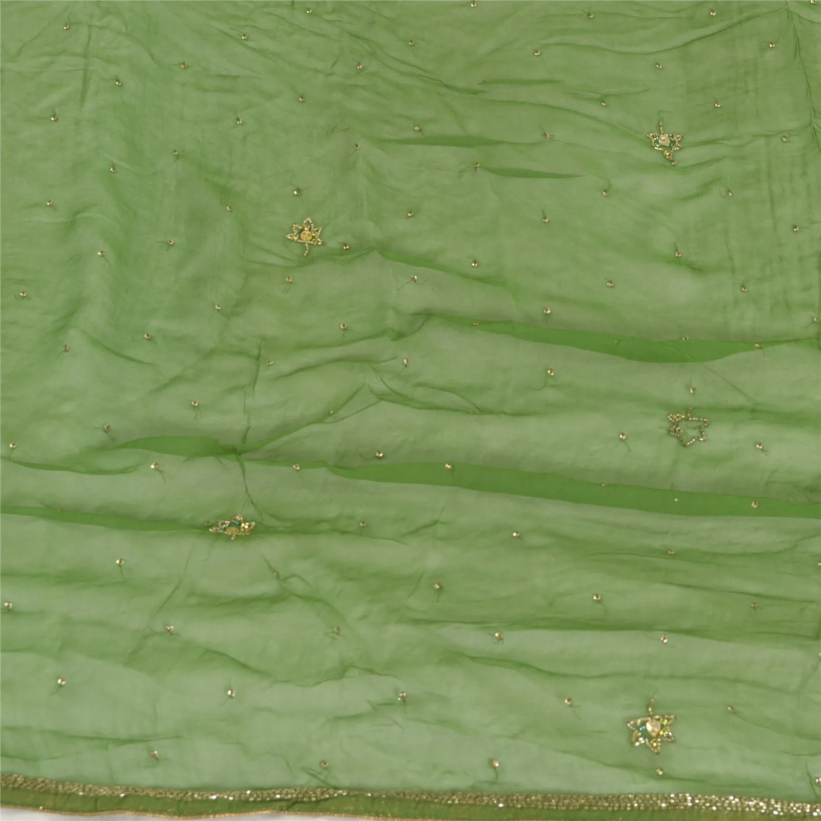 Sanskriti Vintage Long Green Dupatta/Stole Pure Chiffon Silk Hand Beaded Scarves